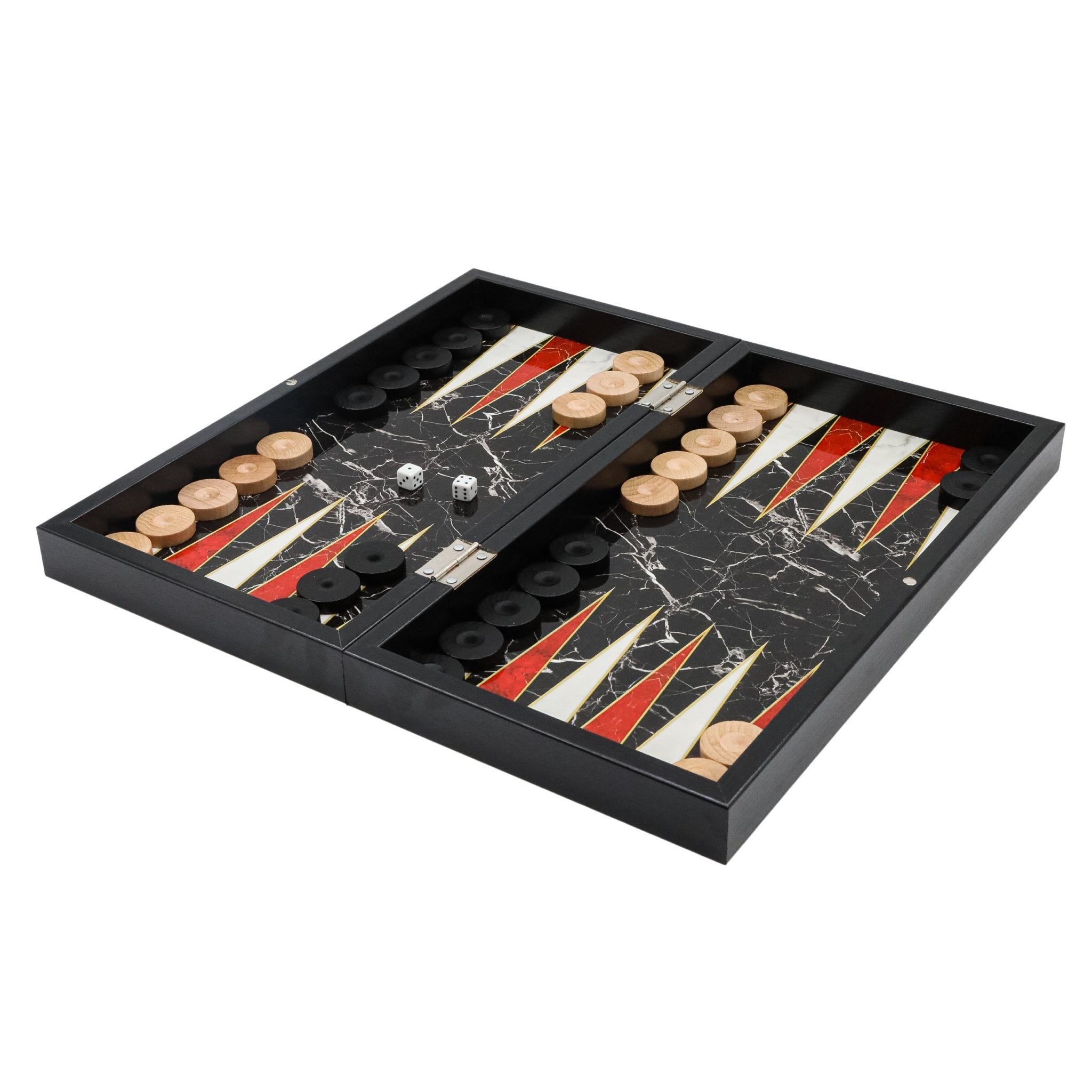Black Marble Look Wooden Backgammon Set with Checkers and Chess Pieces - Cooper Chess