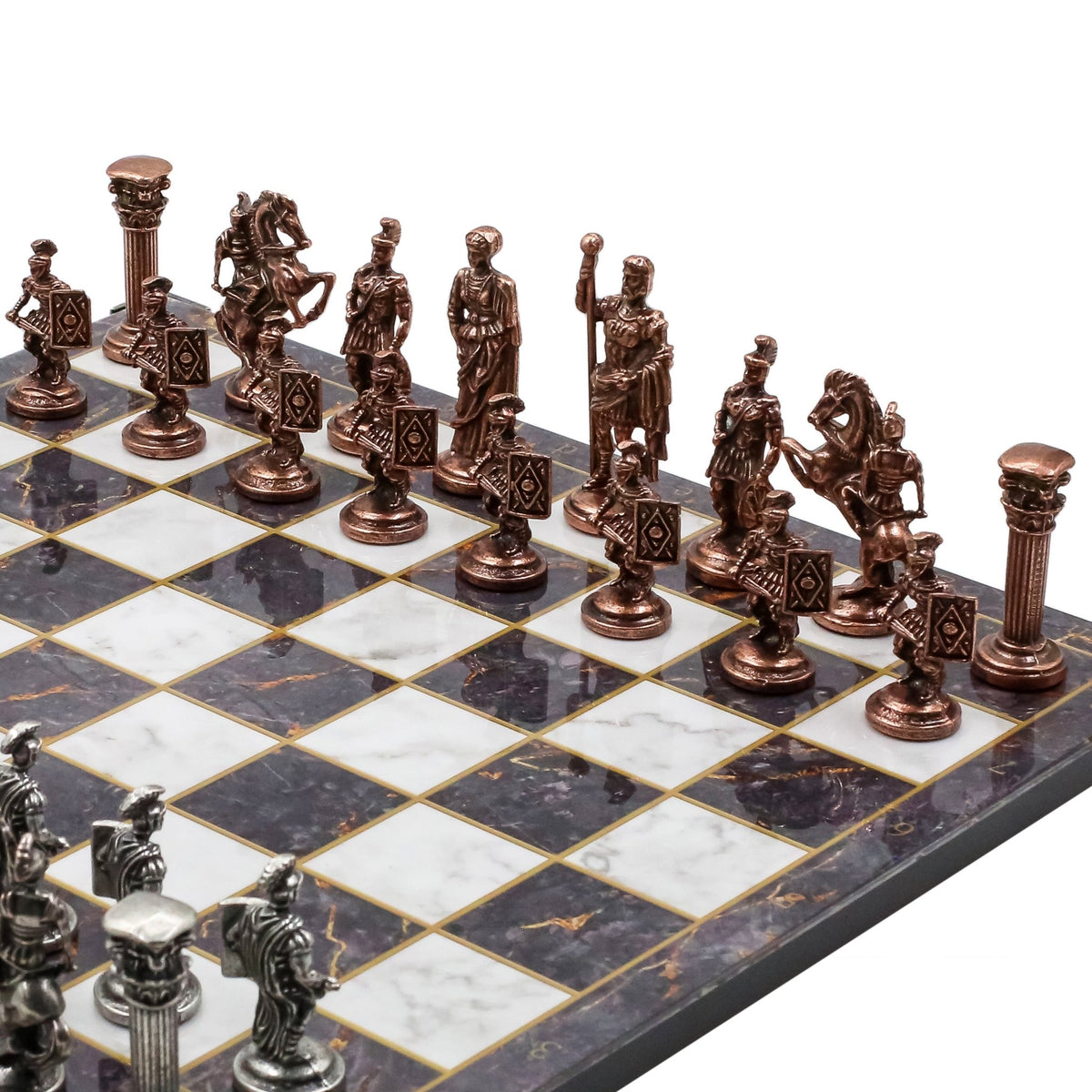 Roman Caesar Vintage Metal Chess Set | Chess Board w/ Metal Legs 37CM (15") - Cooper Chess