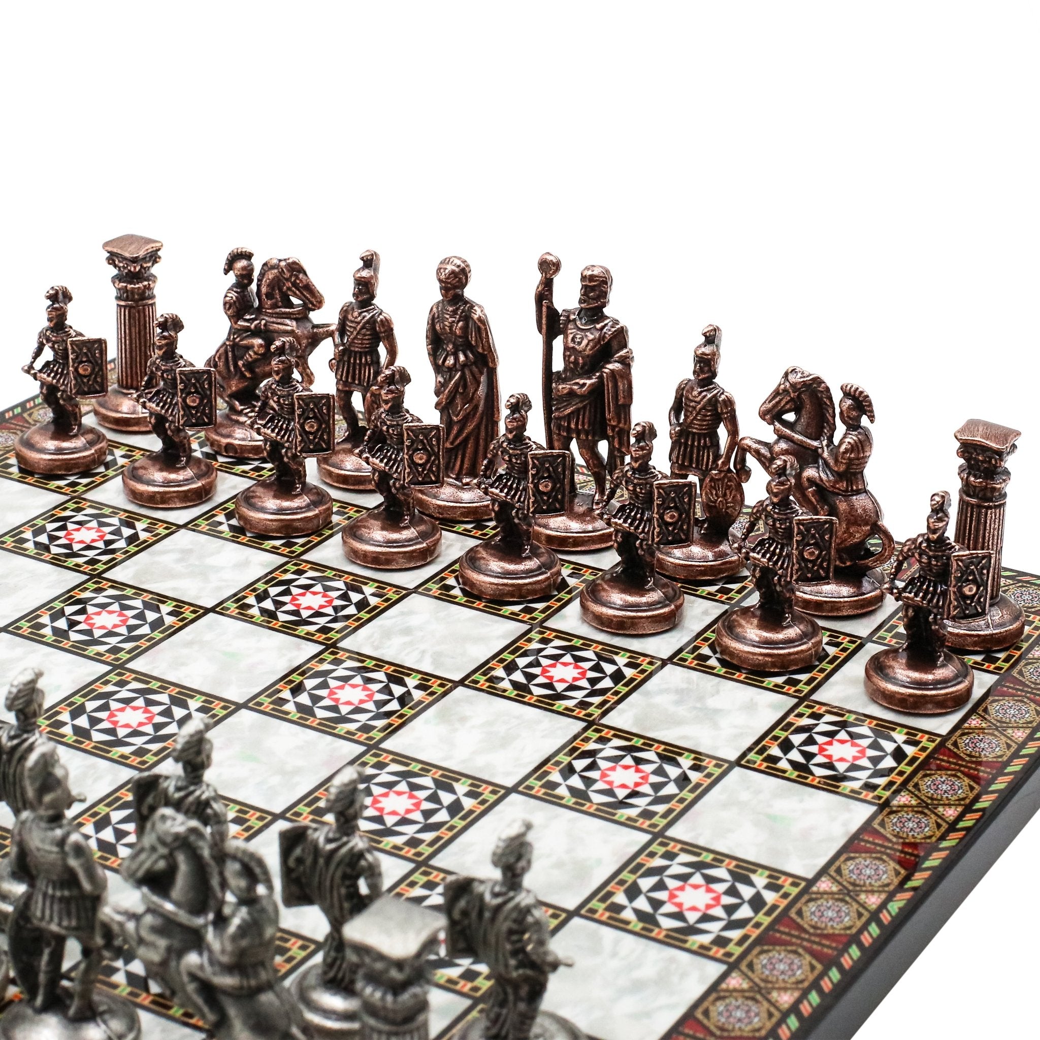 Roman Caesar Vintage Metal Chess Set | Chess Board w/ Metal Legs 37CM (15") - Cooper Chess