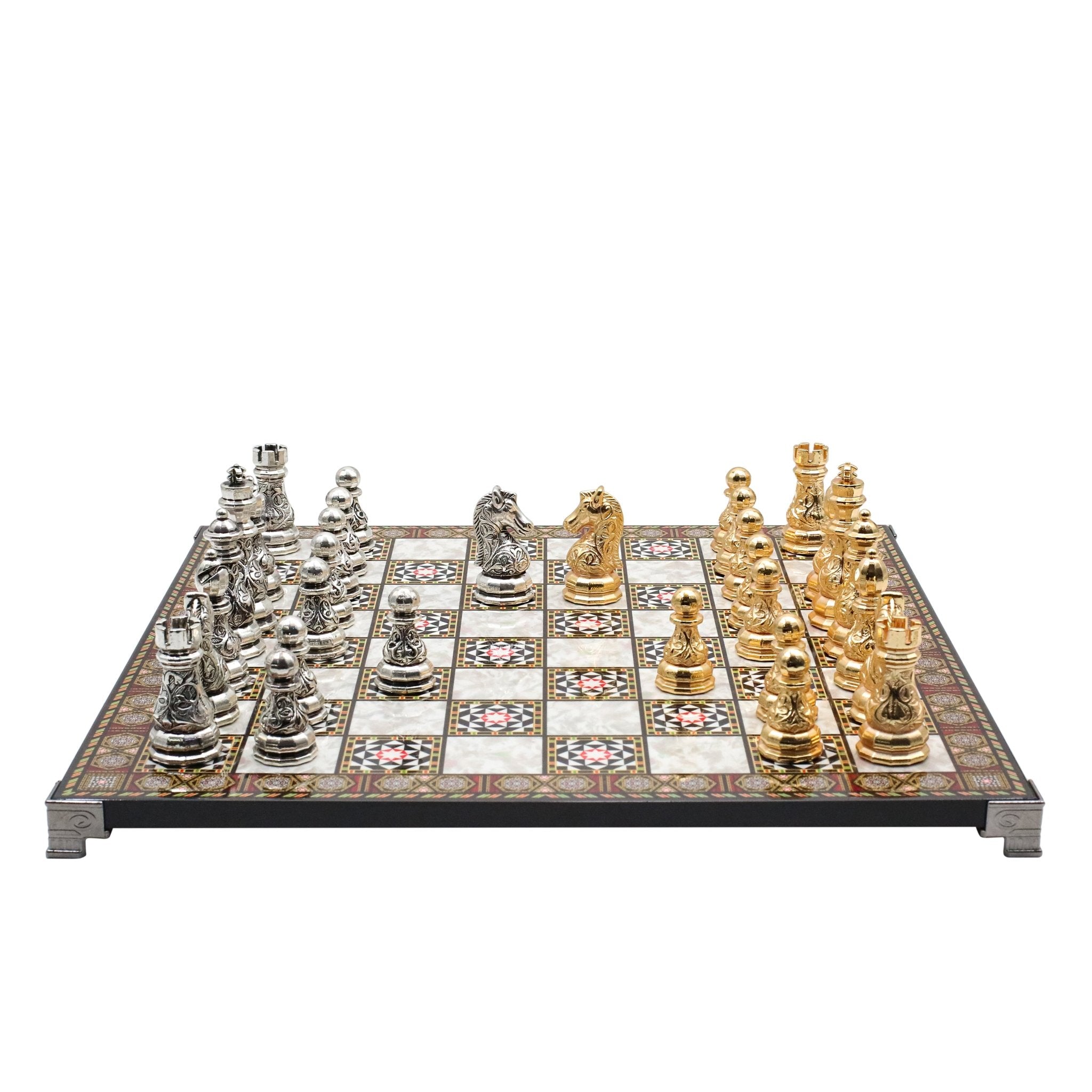Crystal Baroque Metal Chess Set | Gold - Silver | Chess Board w/ Metal Legs 37CM (15") - Cooper Chess