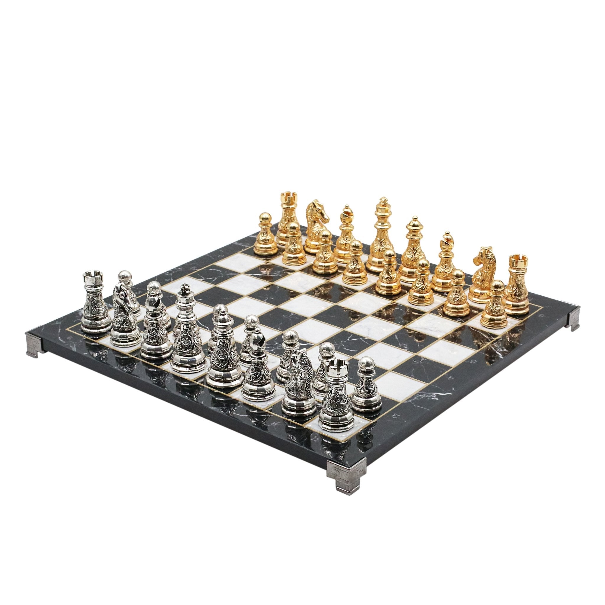 Crystal Baroque Metal Chess Set | Gold - Silver | Chess Board w/ Metal Legs 37CM (15") - Cooper Chess