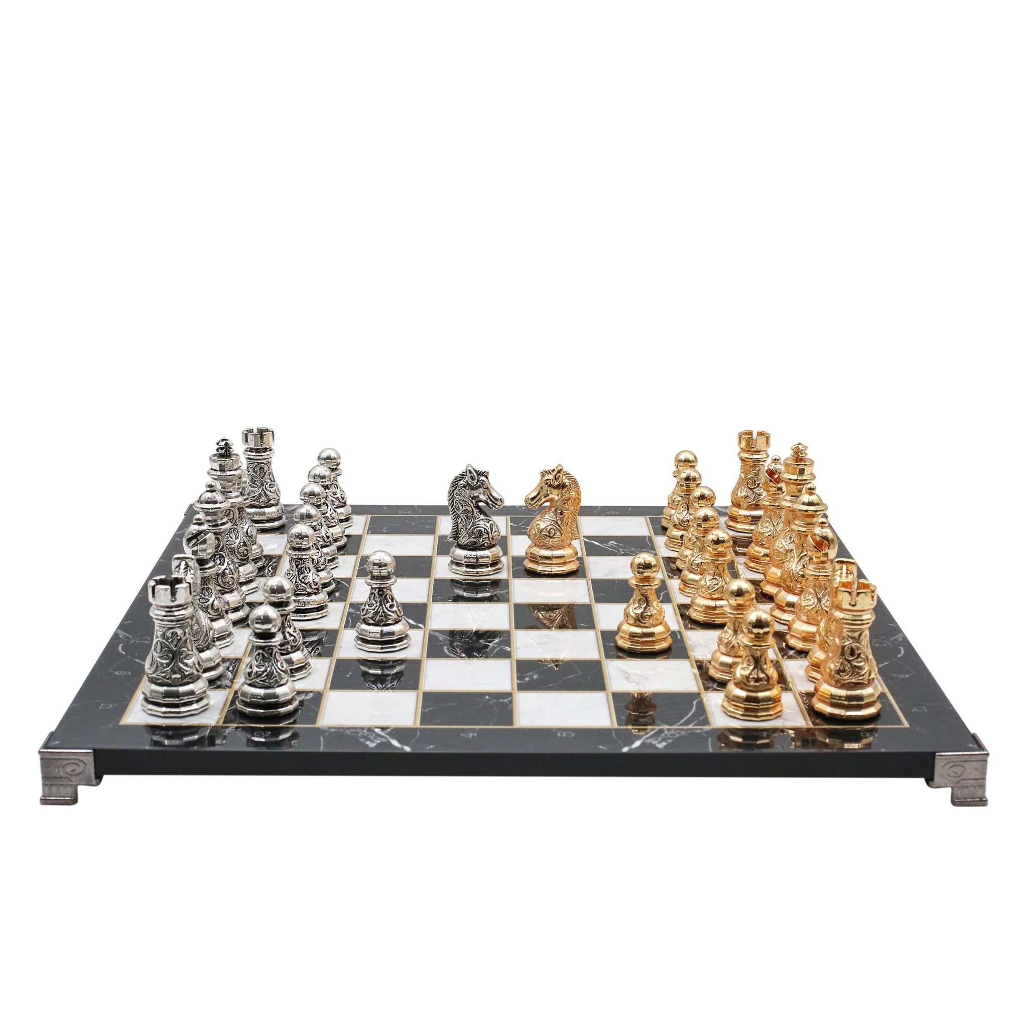 Crystal Baroque Metal Chess Set | Gold - Silver | Chess Board w/ Metal Legs 37CM (15") - Cooper Chess