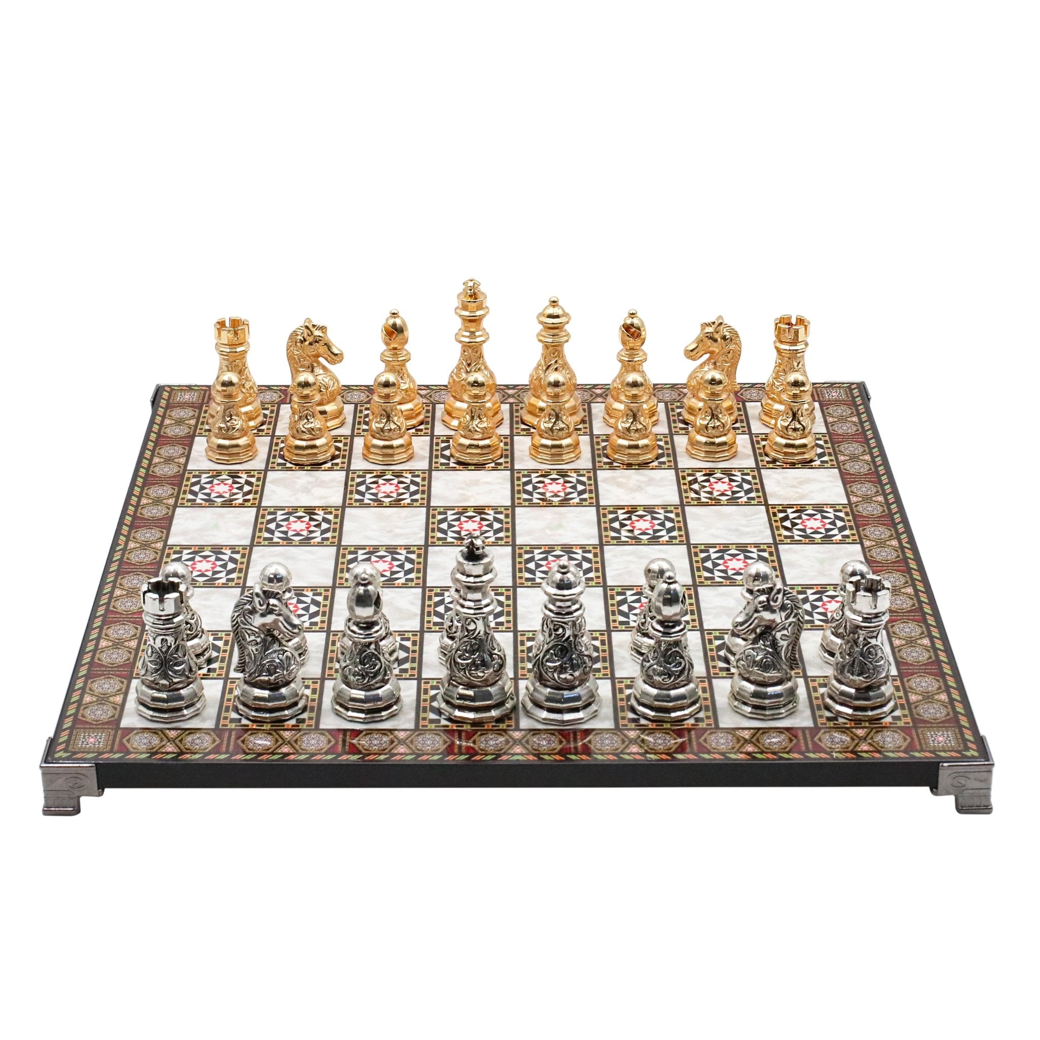 Crystal Baroque Metal Chess Set | Gold - Silver | Chess Board w/ Metal Legs 37CM (15") - Cooper Chess