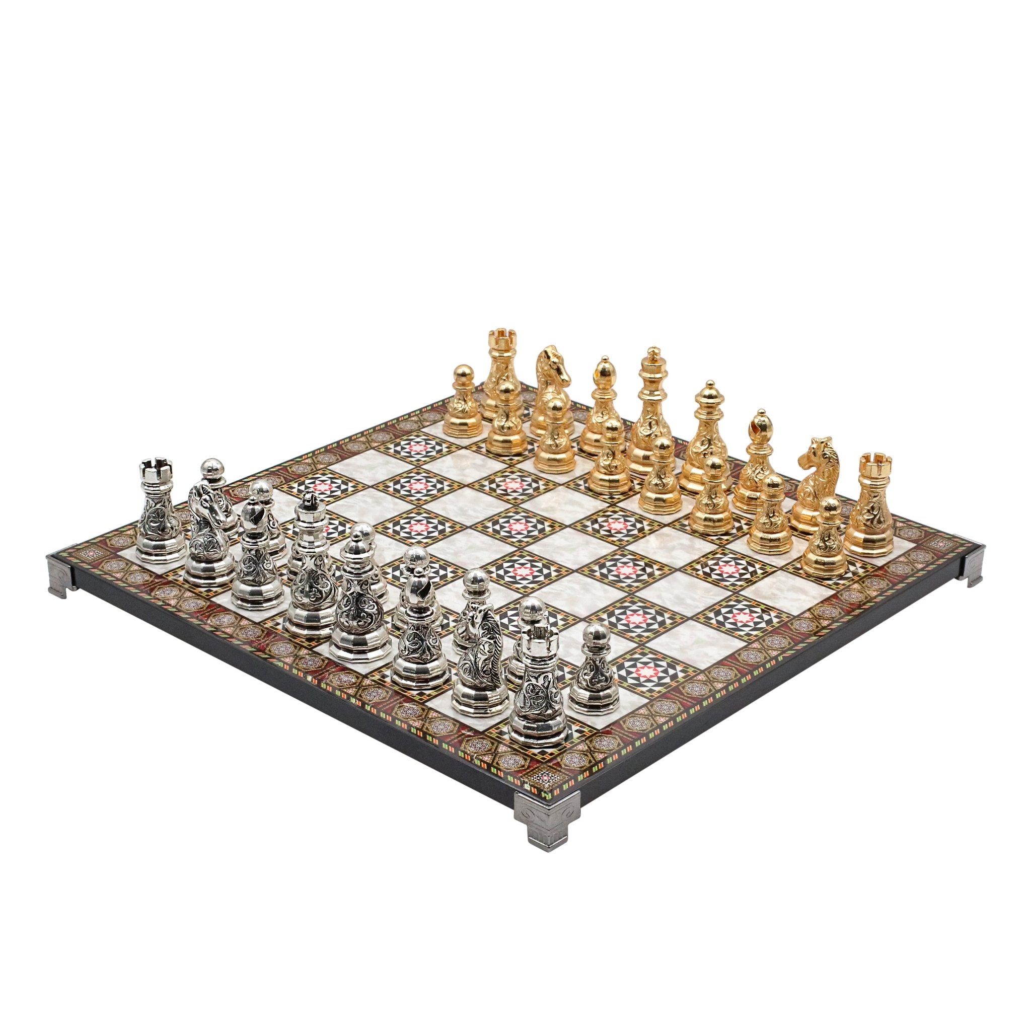 Crystal Baroque Metal Chess Set | Gold - Silver | Chess Board w/ Metal Legs 37CM (15") - Cooper Chess