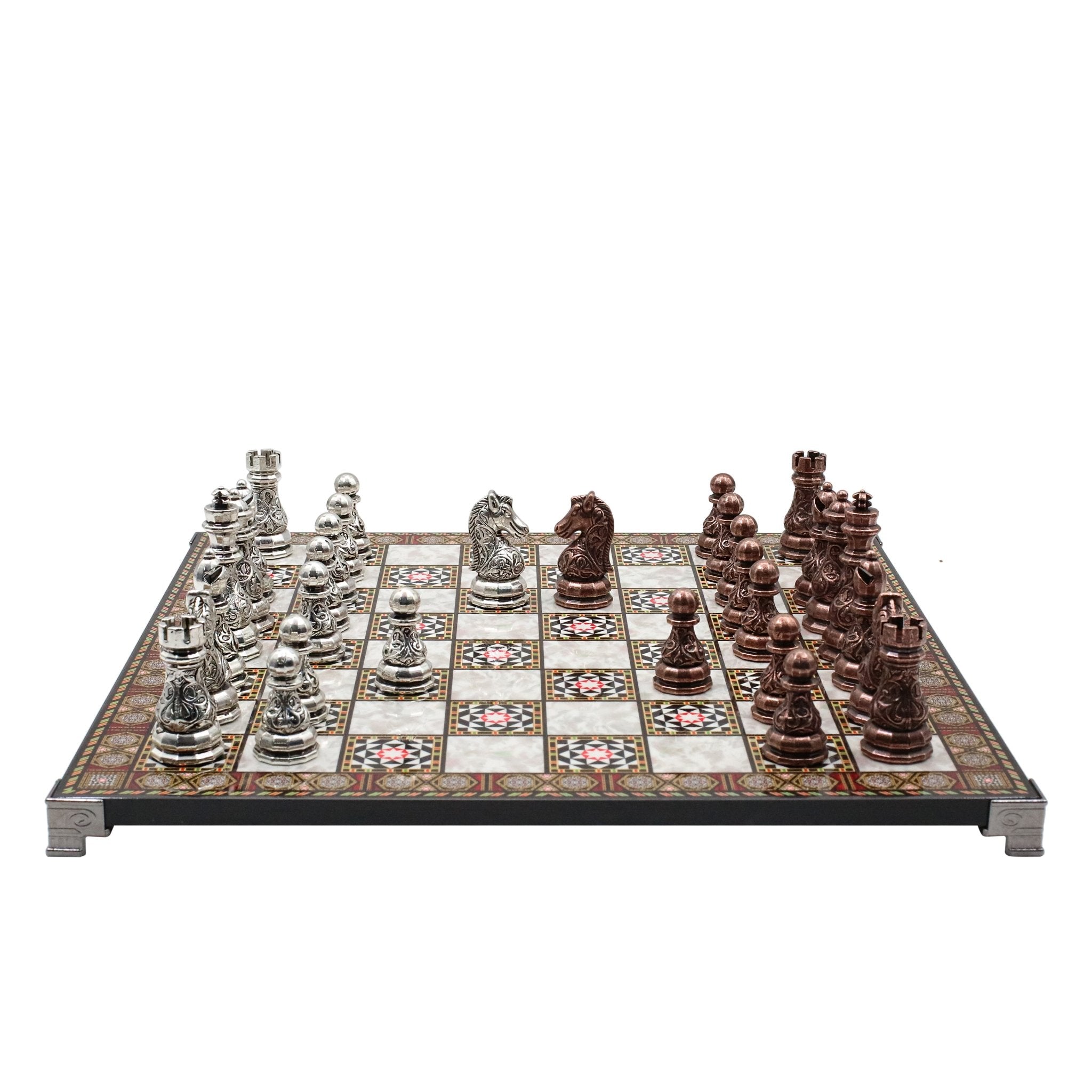 Crystal Baroque Metal Chess Set | Bronze - Silver | Chess Board w/ Metal Legs 37CM (15") - Cooper Chess
