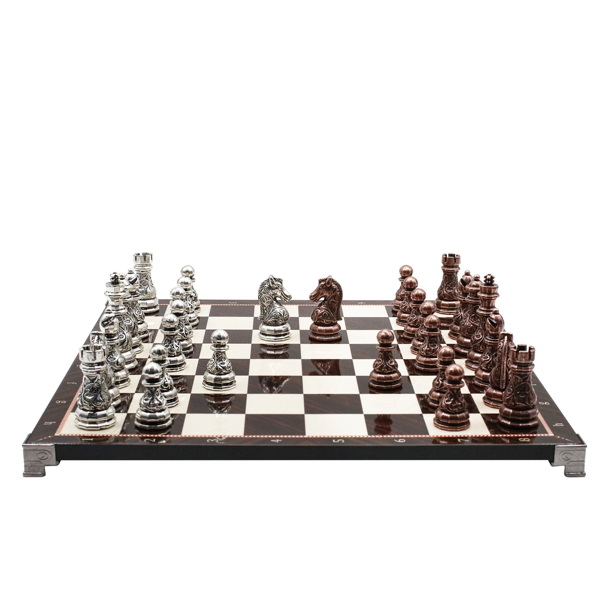 Crystal Baroque Metal Chess Set | Bronze - Silver | Chess Board w/ Metal Legs 37CM (15") - Cooper Chess