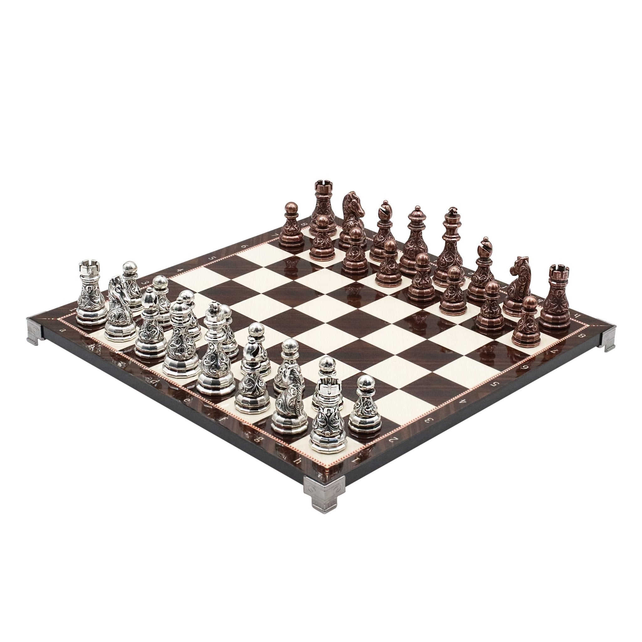 Crystal Baroque Metal Chess Set | Bronze - Silver | Chess Board w/ Metal Legs 37CM (15") - Cooper Chess