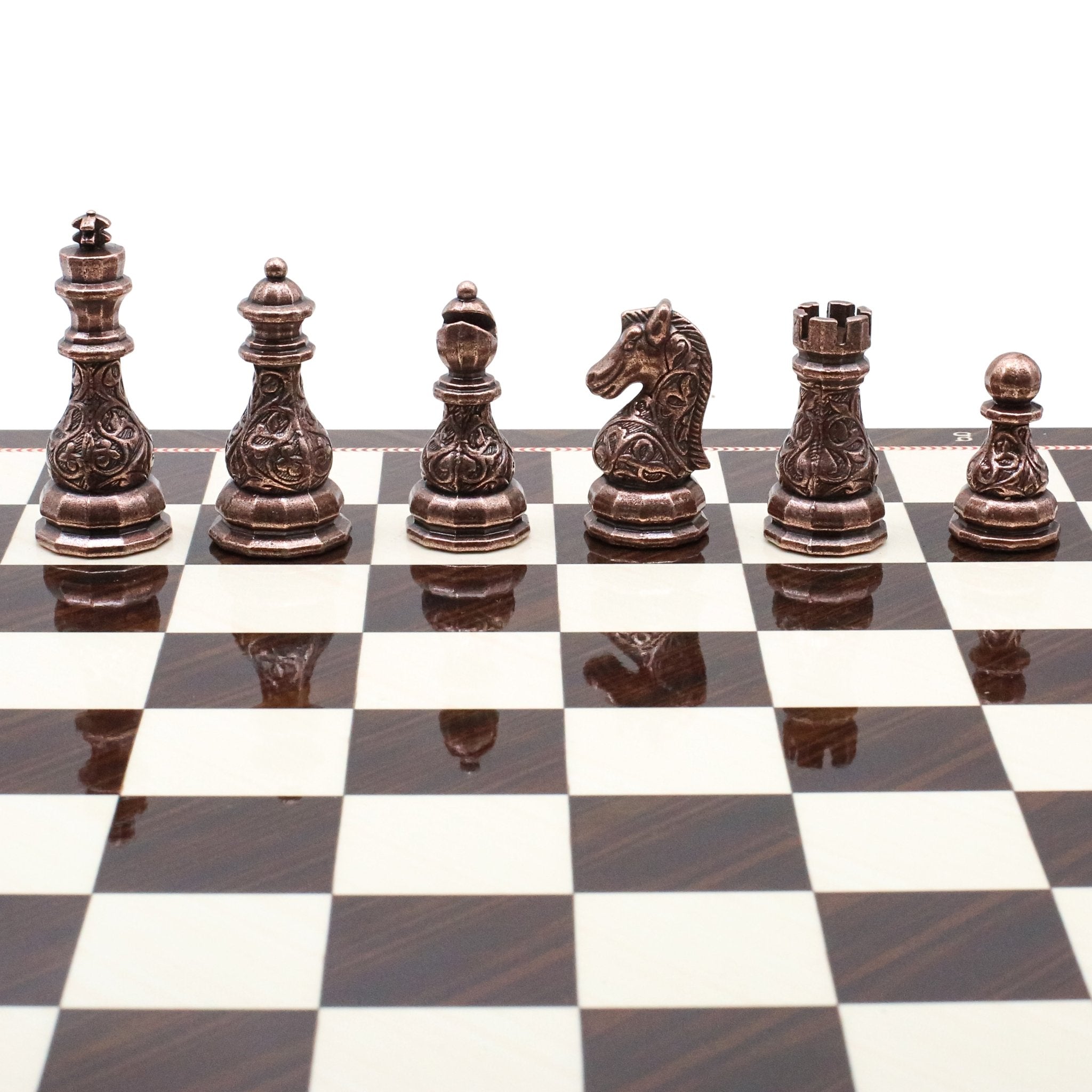 Crystal Baroque Metal Chess Set | Bronze - Silver | Chess Board w/ Metal Legs 37CM (15") - Cooper Chess