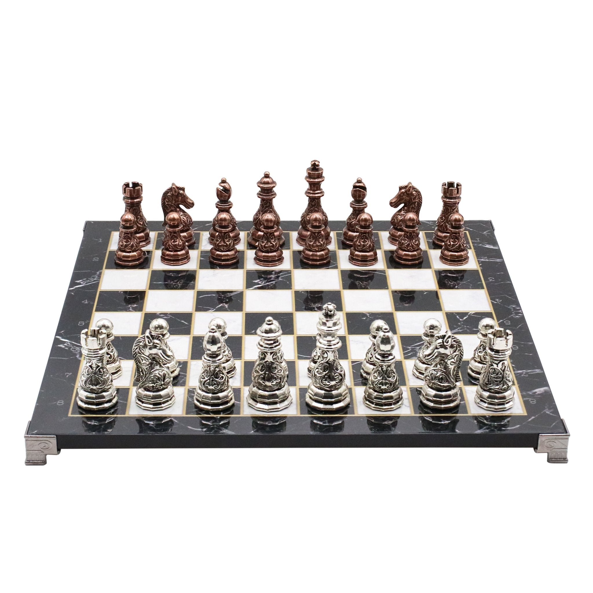 Crystal Baroque Metal Chess Set | Bronze - Silver | Chess Board w/ Metal Legs 37CM (15") - Cooper Chess