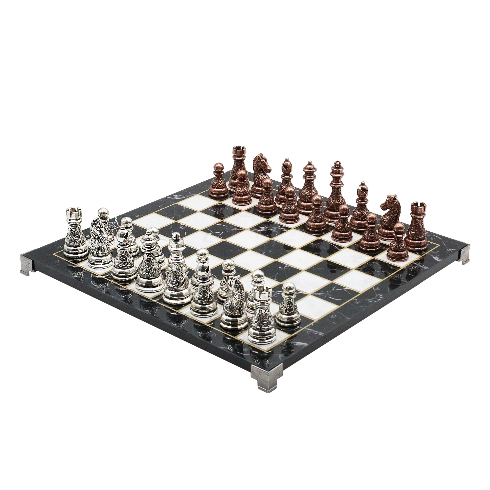Crystal Baroque Metal Chess Set | Bronze - Silver | Chess Board w/ Metal Legs 37CM (15") - Cooper Chess