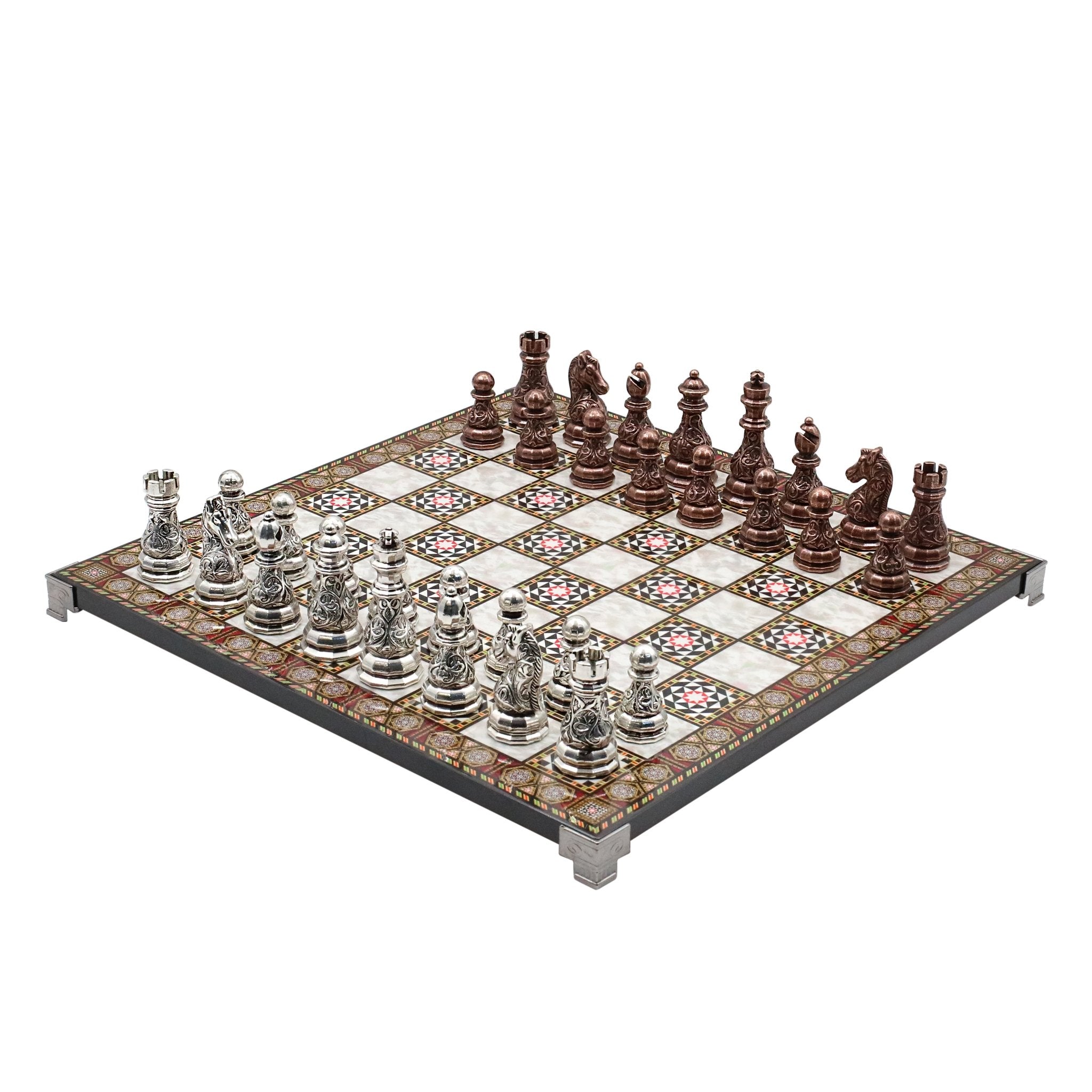 Crystal Baroque Metal Chess Set | Bronze - Silver | Chess Board w/ Metal Legs 37CM (15") - Cooper Chess