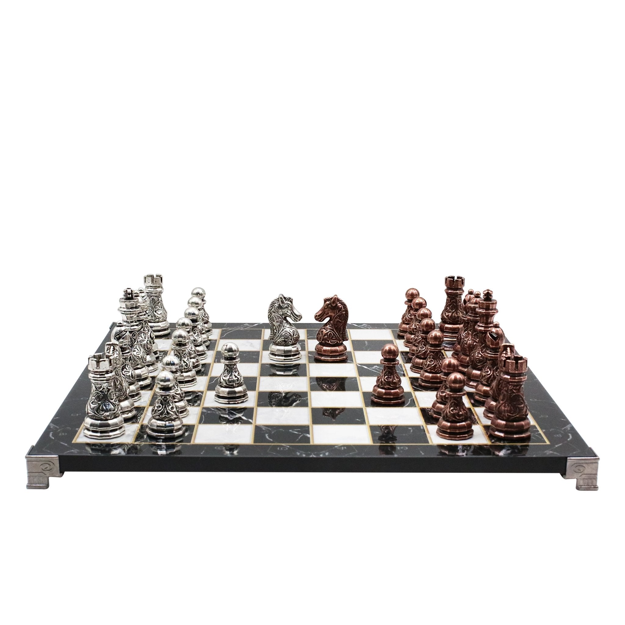 Crystal Baroque Metal Chess Set | Bronze - Silver | Chess Board w/ Metal Legs 37CM (15") - Cooper Chess
