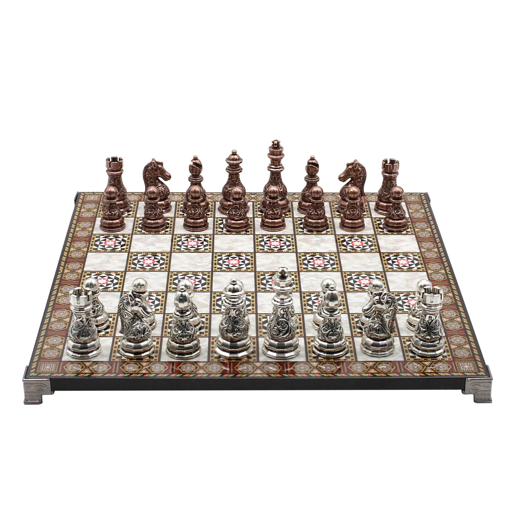 Crystal Baroque Metal Chess Set | Bronze - Silver | Chess Board w/ Metal Legs 37CM (15") - Cooper Chess