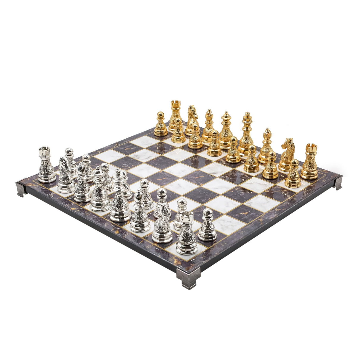 Crystal Baroque Metal Chess Set | Gold - Silver | Chess Board w/ Metal Legs 37CM (15") - Cooper Chess