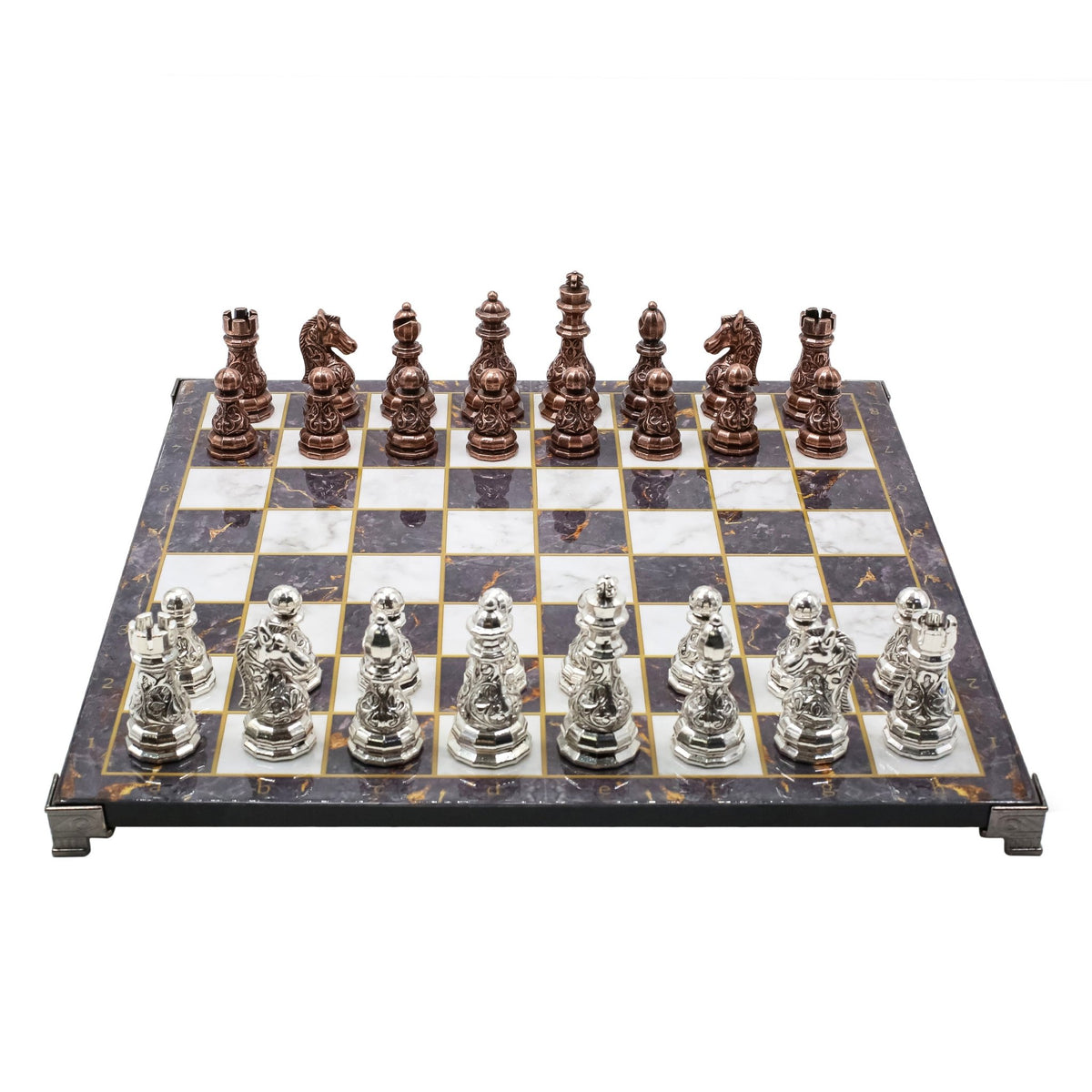 Crystal Baroque Metal Chess Set | Bronze - Silver | Chess Board w/ Metal Legs 37CM (15") - Cooper Chess