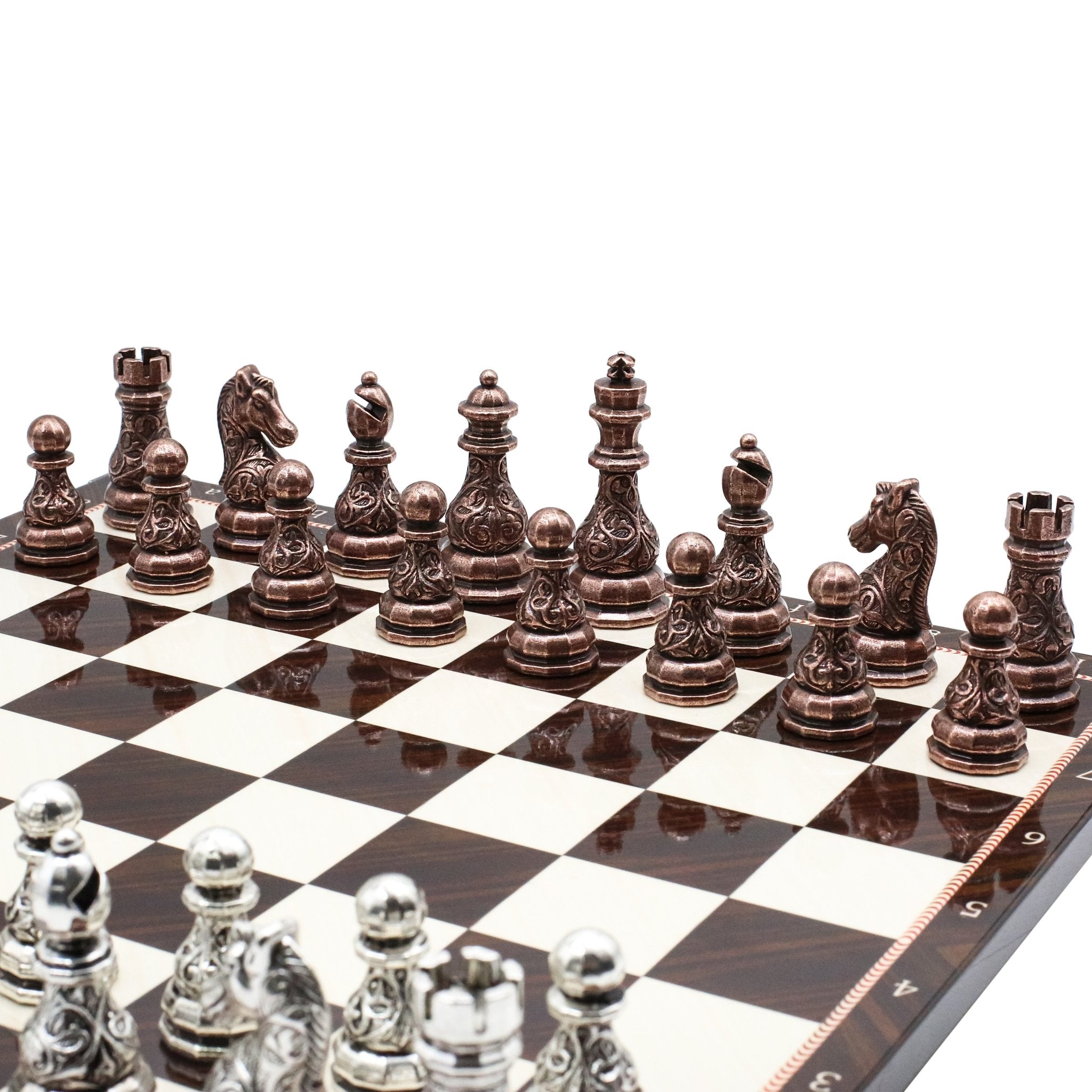 Crystal Baroque Metal Chess Set | Bronze - Silver | Chess Board w/ Metal Legs 37CM (15") - Cooper Chess