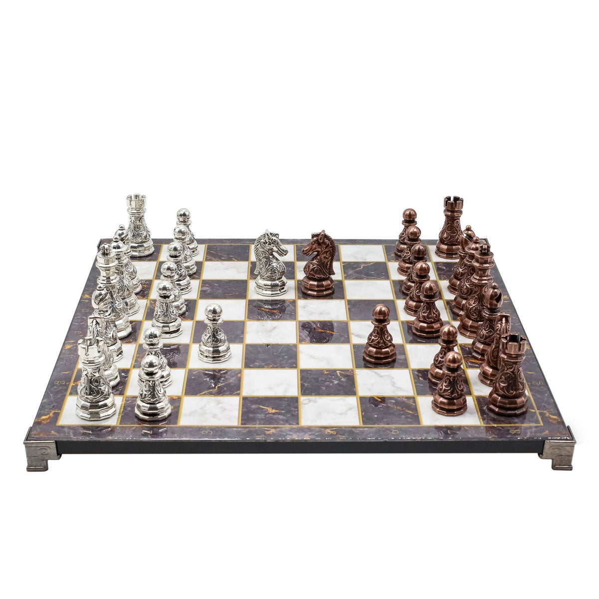 Crystal Baroque Metal Chess Set | Bronze - Silver | Chess Board w/ Metal Legs 37CM (15") - Cooper Chess