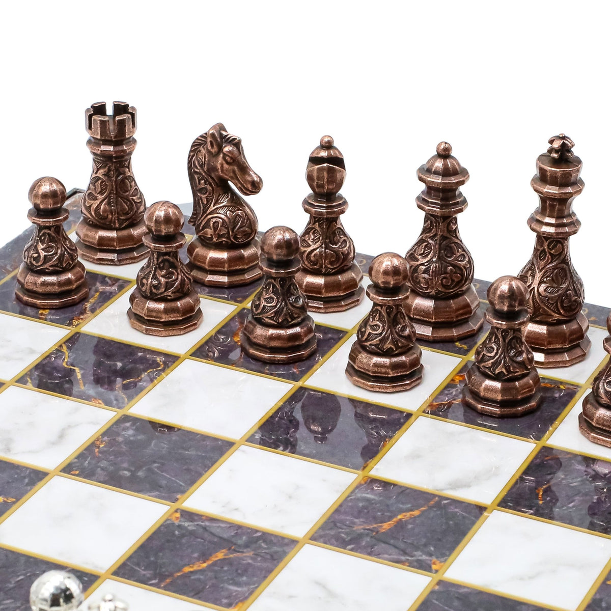 Crystal Baroque Metal Chess Set | Bronze - Silver | Chess Board w/ Metal Legs 37CM (15") - Cooper Chess