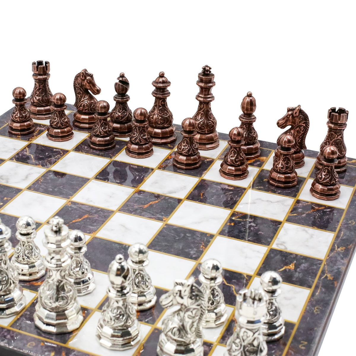 Crystal Baroque Metal Chess Set | Bronze - Silver | Wooden Chess Board 37CM (15") - Cooper Chess