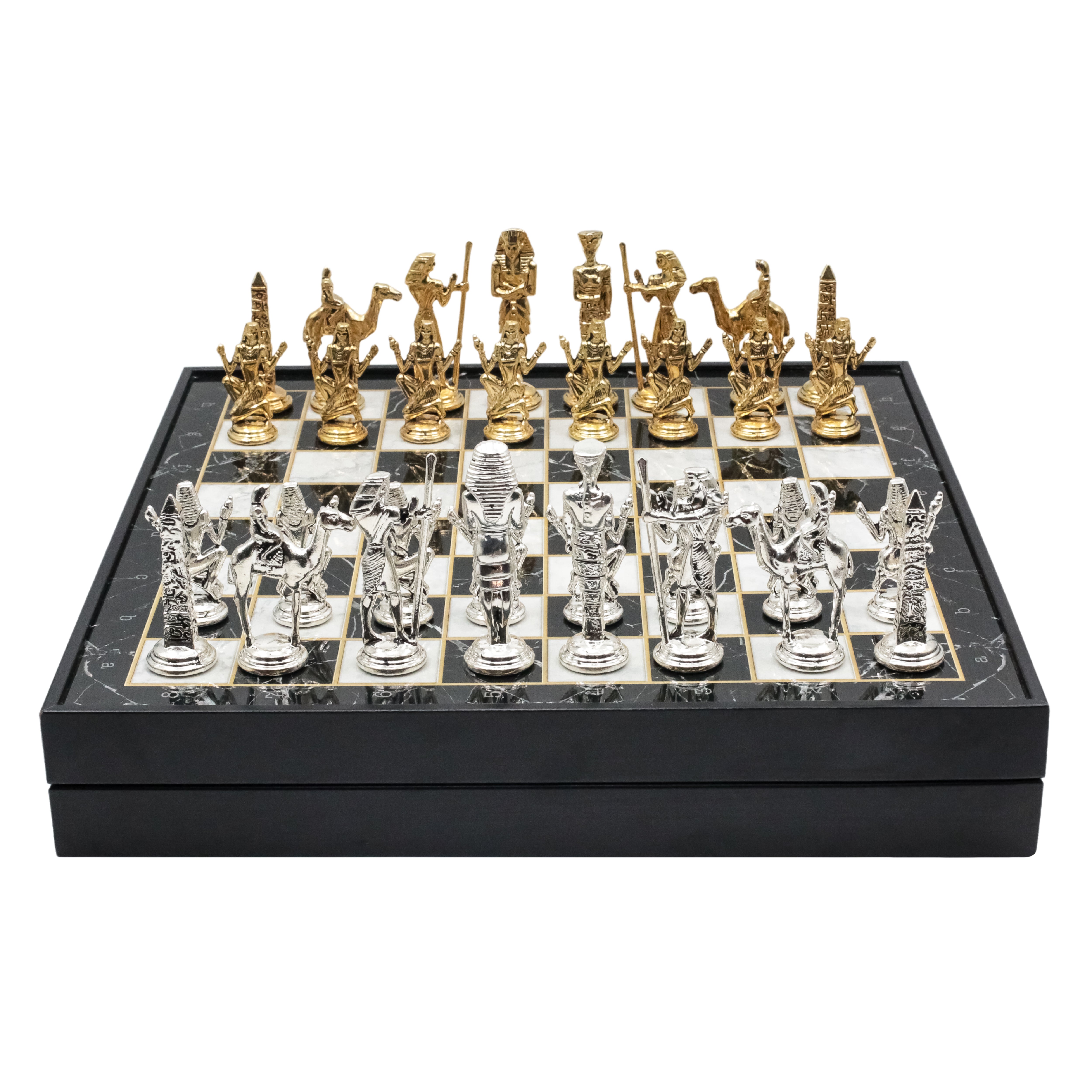 Storage Chess Set with Die Cast Metal Egyptian Cleopatra Chessmen | 37 CM (15") Storage Chess Board | Egypt Cleopatra Themed Figures