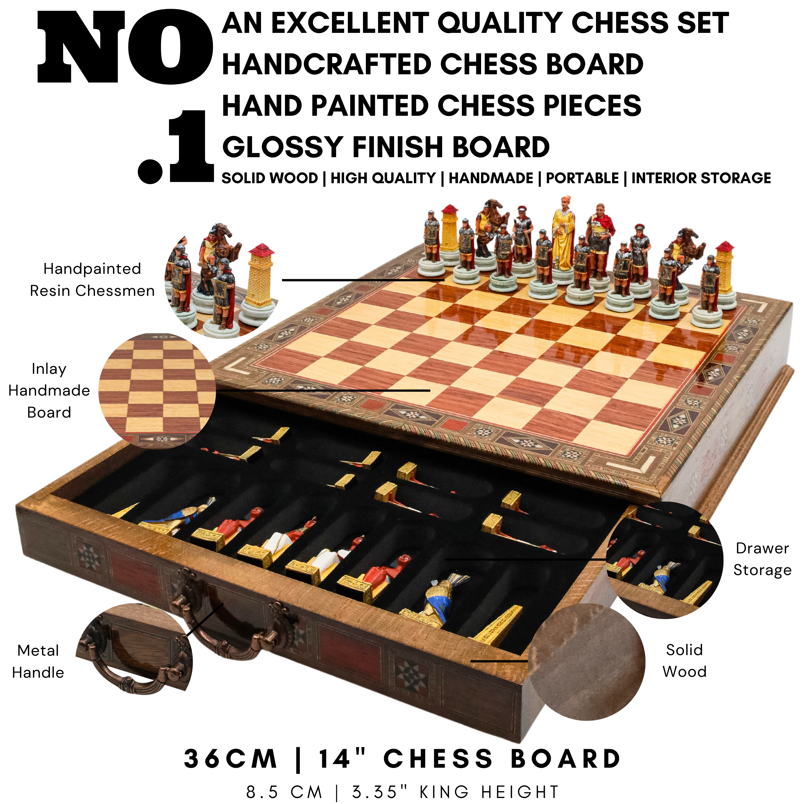 Handmade Inlay Chess Set with Drawer Storage 38 CM (15") - Roman vs Egyptian Pieces