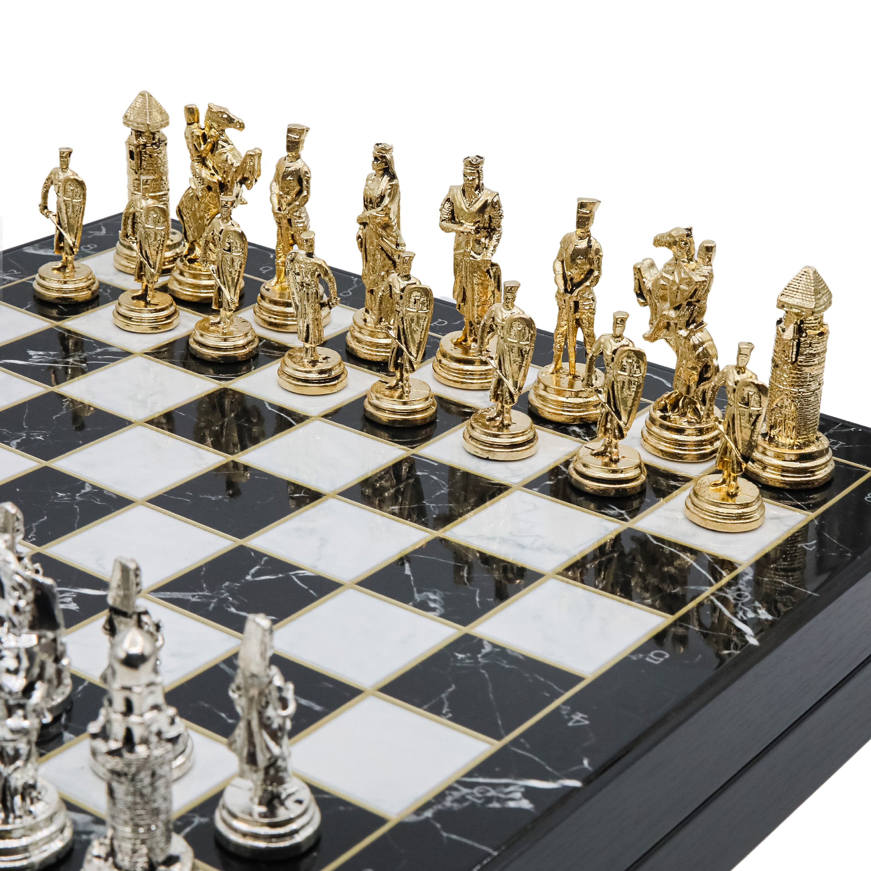 Storage Chess Set with Die Cast Metal Crusaders vs Ottoman Empire Chessmen | 37 CM (15") Storage Chess Board | Historical Themed Figures