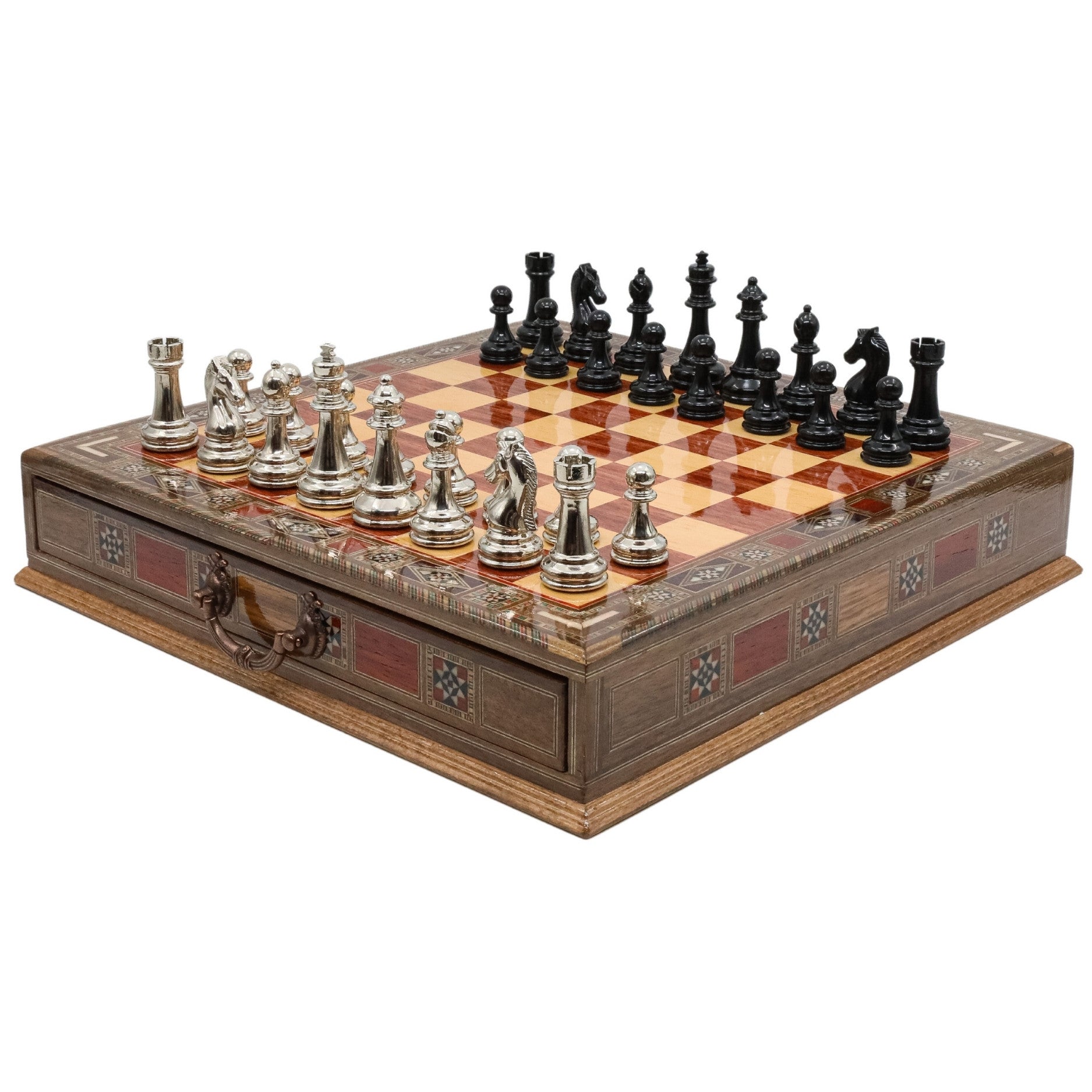 Black Colour Metal Chess Set With Solid Wood Storage Board w/ In-Built Drawer - Die Cast Metal Chessmen | Staunton Chess Pieces, Personalised Chess Gift