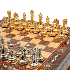 Gold Colour Metal Chess Set With Solid Wood Storage Board - Die Cast Metal Chessmen | Staunton Chess Pieces, Personalised Chess Gift