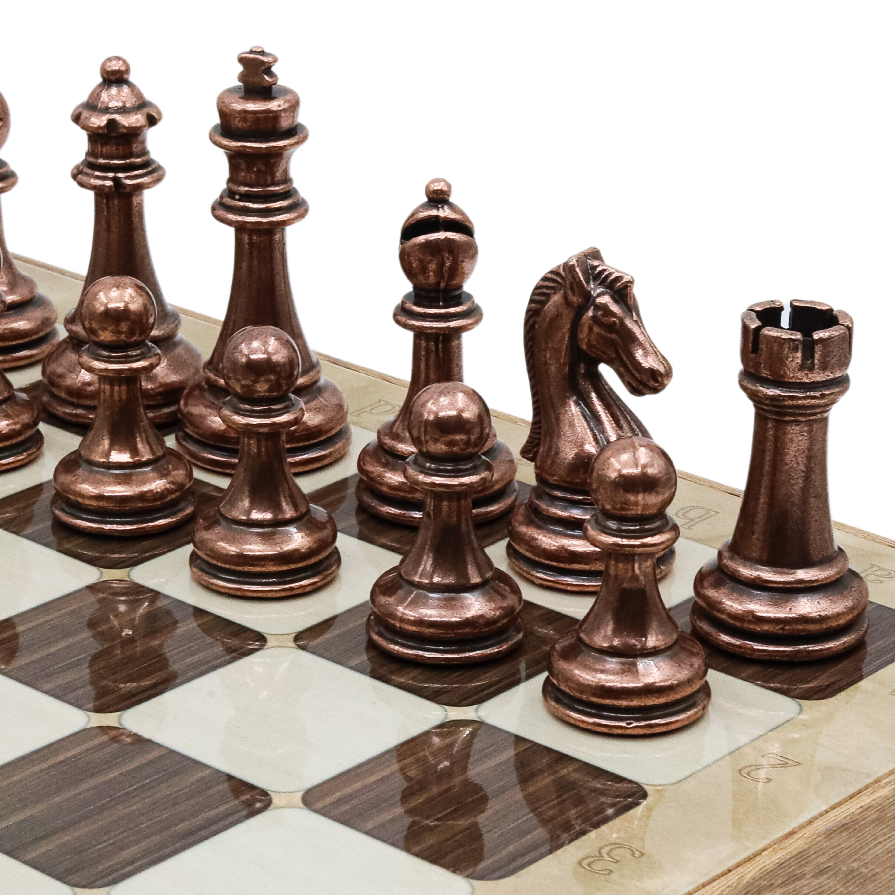 Storage Chess Set with Metal Weighted Staunton Figures (Bronze vs Silver) | 37 CM (15") Storage Chess Board | Classic Metal Figures