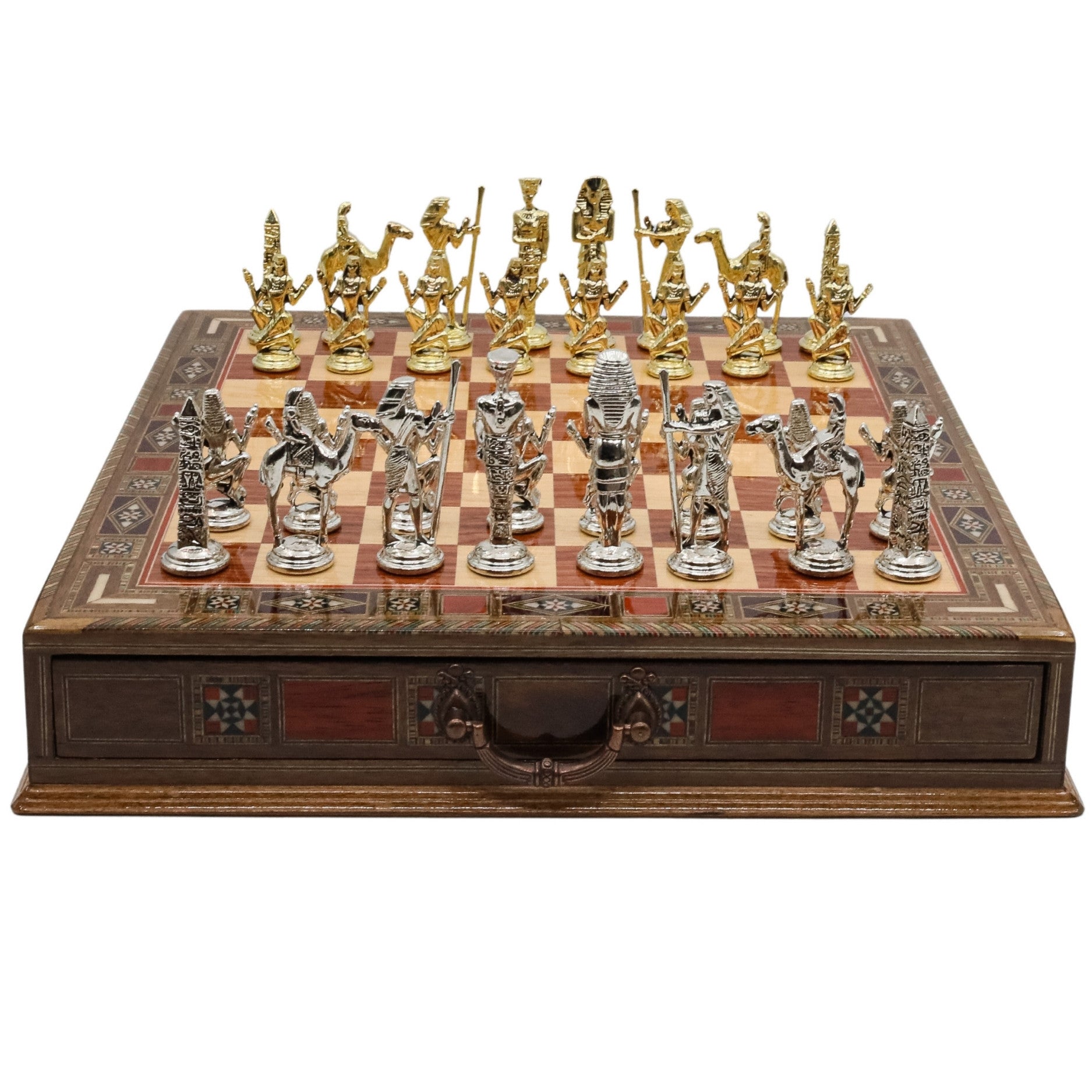 Handmade Inlay Chess Set with Drawer Storage - Die Cast Metal Pieces | Egyptian Queen Cleopatra