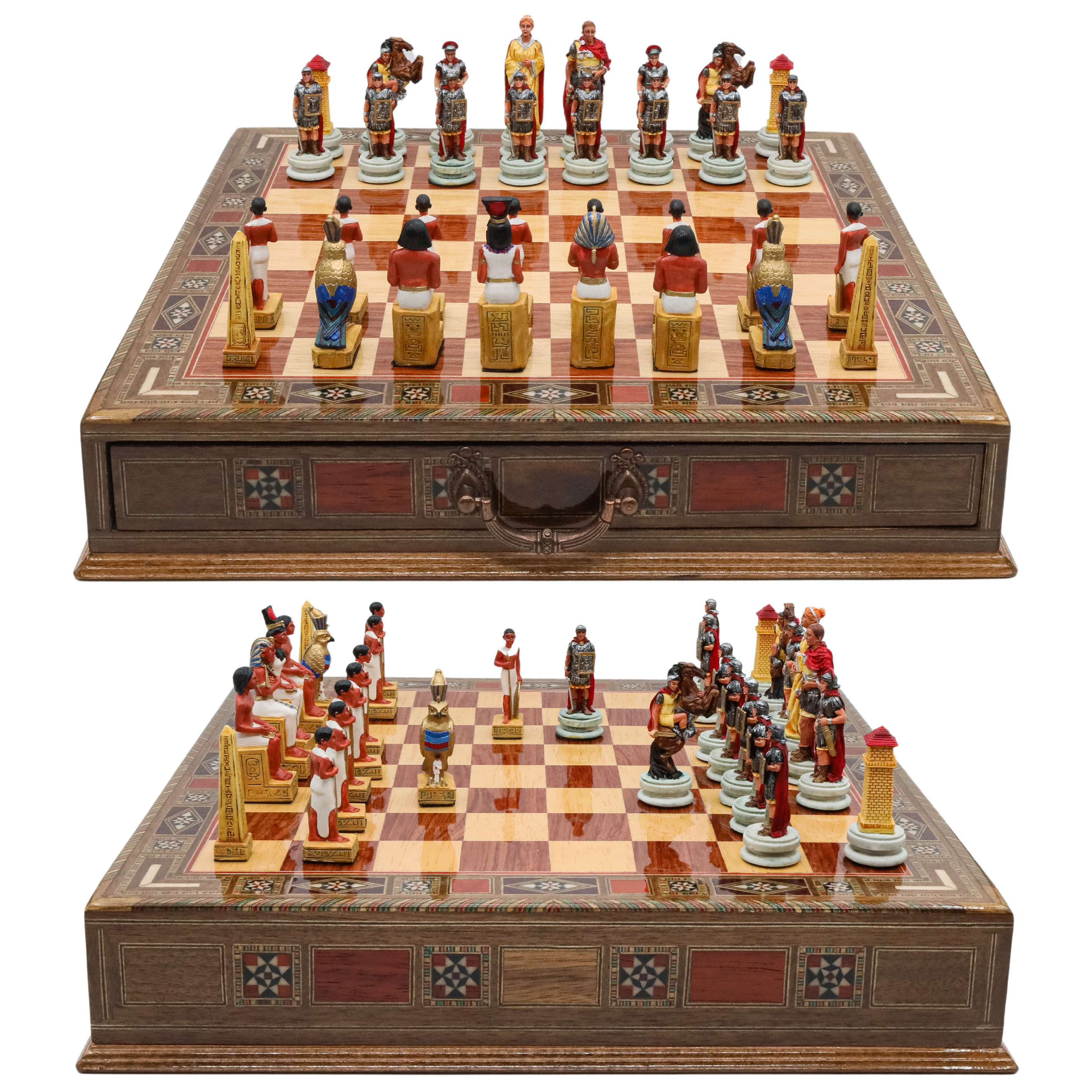 Handmade Inlay Chess Set with Drawer Storage 38 CM (15") - Roman vs Egyptian Pieces