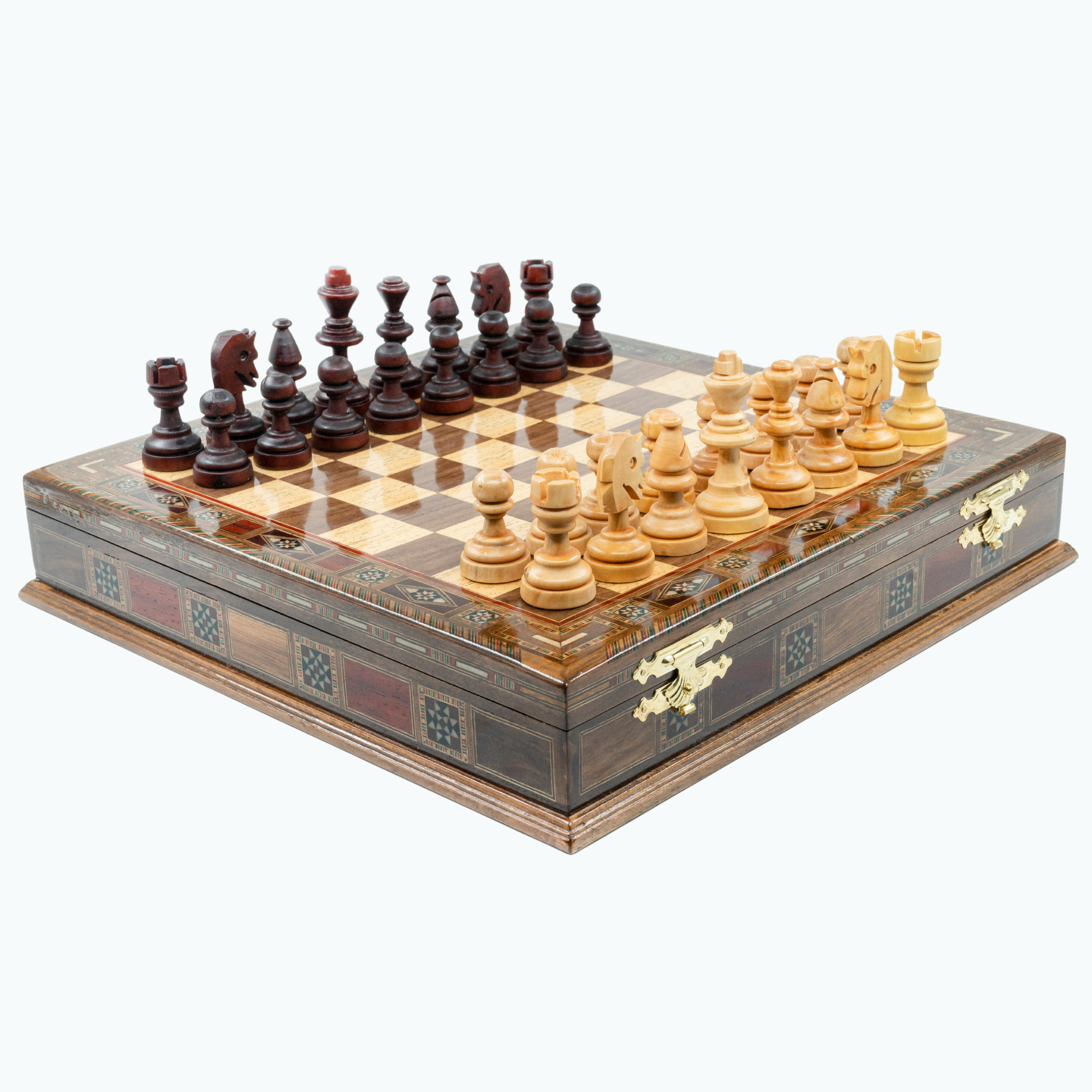 Handmade Inlay Storage Chess Set 38 CM (15") - Solid Wood Hand-Carved Chessmen