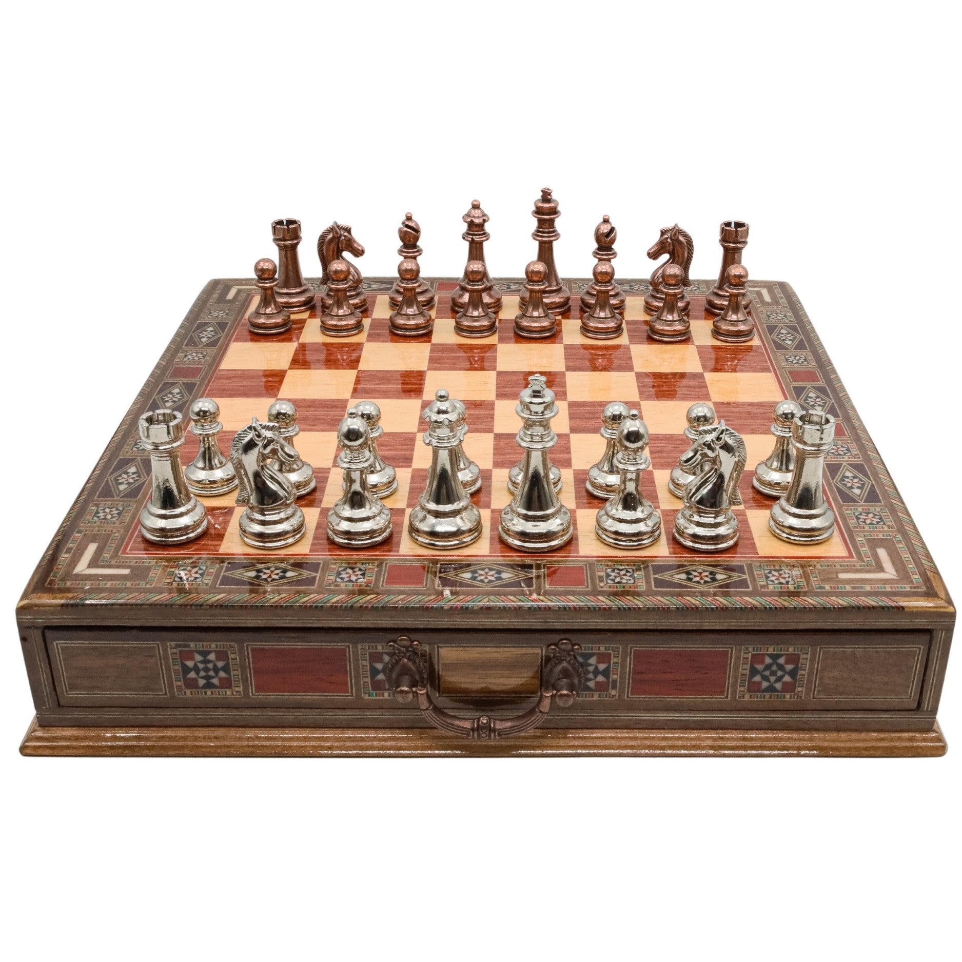 Bronze Colour Metal Chess Set With Solid Wood Storage Board w/ In-Built Drawer - Die Cast Metal Chessmen | Staunton Chess Pieces, Personalised Chess Gift