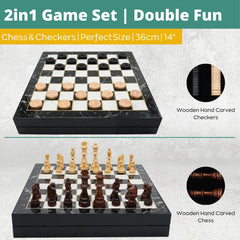 Wooden Storage Chess Set, Checkers, Draughts | 3in1 Game Set | 14 INCH (36CM) | Black Marble Patterned Chess Board, Wooden Chess Pieces & Checkers