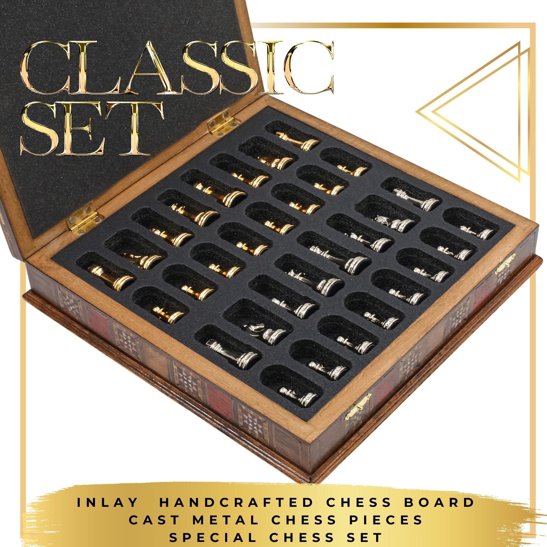 Gold Colour Metal Chess Set With Solid Wood Storage Board - Die Cast Metal Chessmen | Staunton Chess Pieces, Personalised Chess Gift