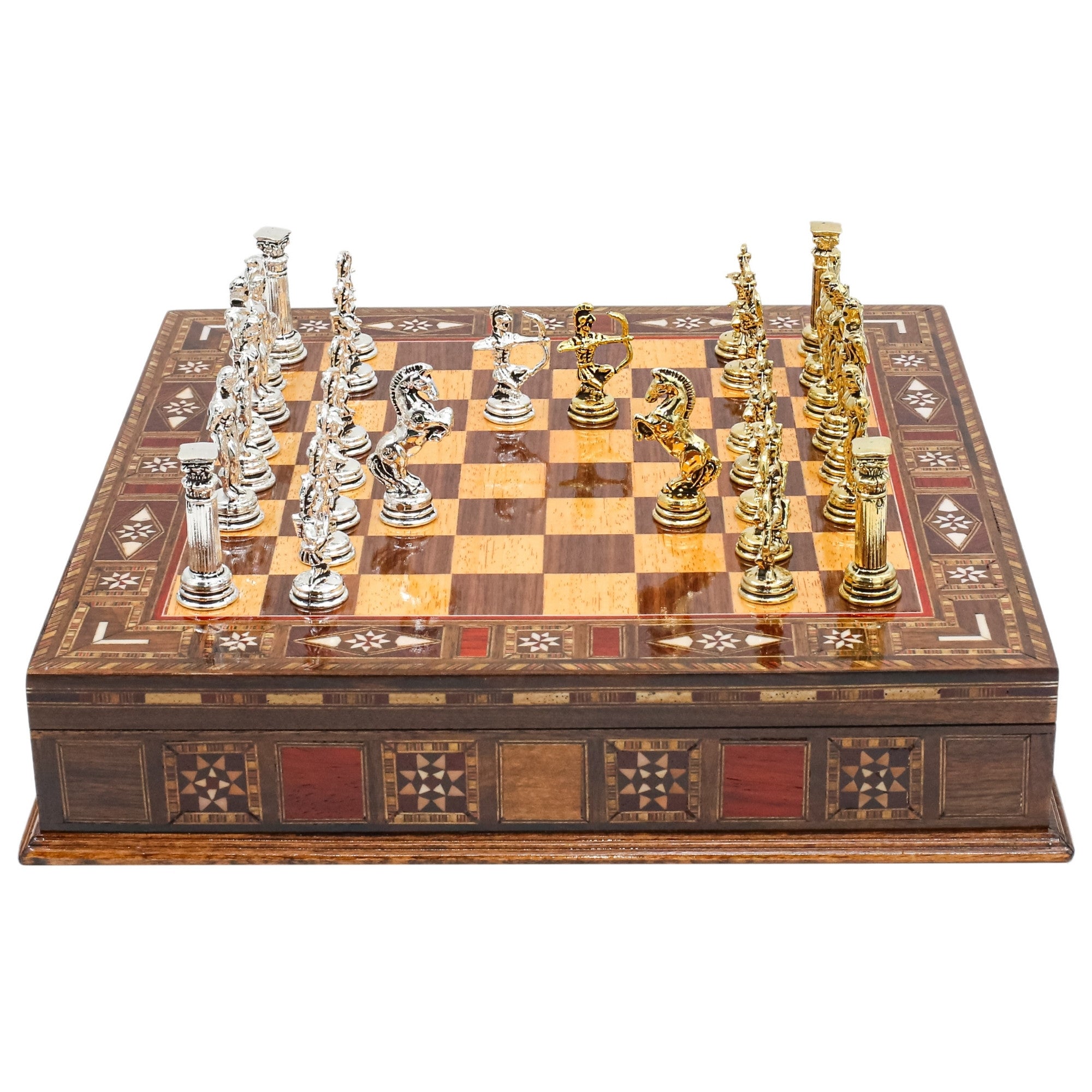 Handmade Inlay Storage Chess Set 30 CM (12") - Greek Archer Die Cast Metal Pieces