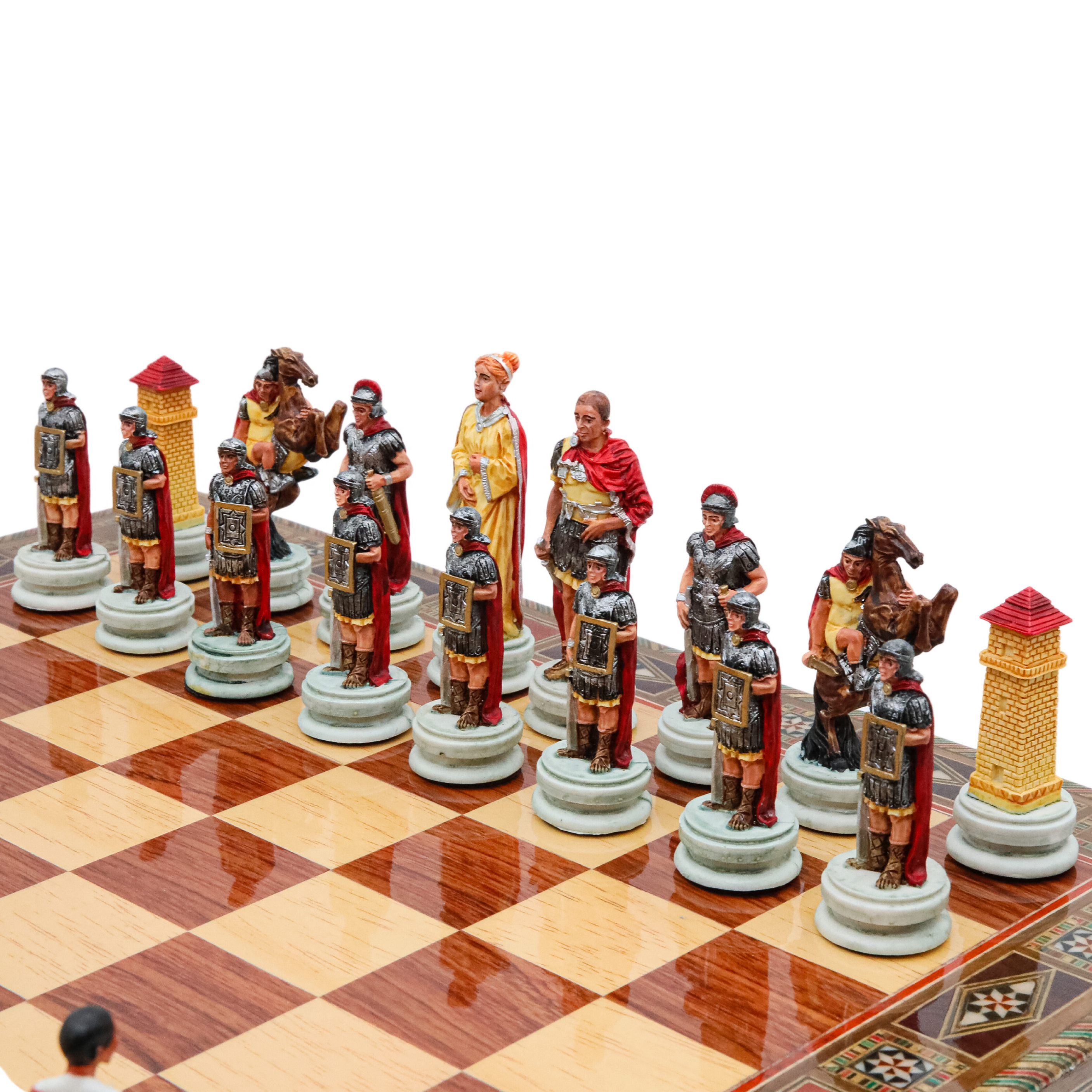 Handmade Inlay Chess Set with Drawer Storage 38 CM (15") - Roman vs Egyptian Pieces