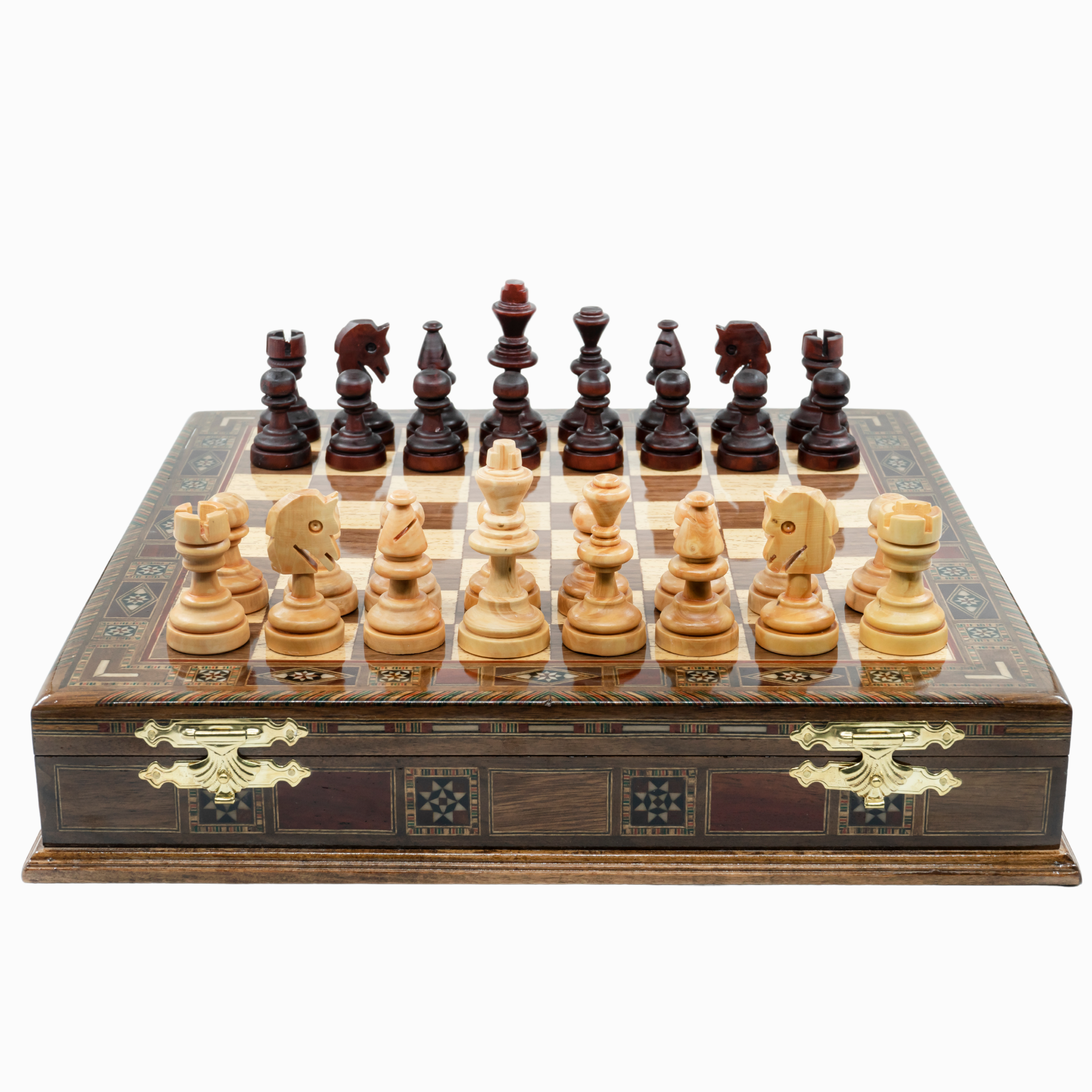 Handmade Inlay Storage Chess Set 38 CM (15") - Solid Wood Hand-Carved Chessmen