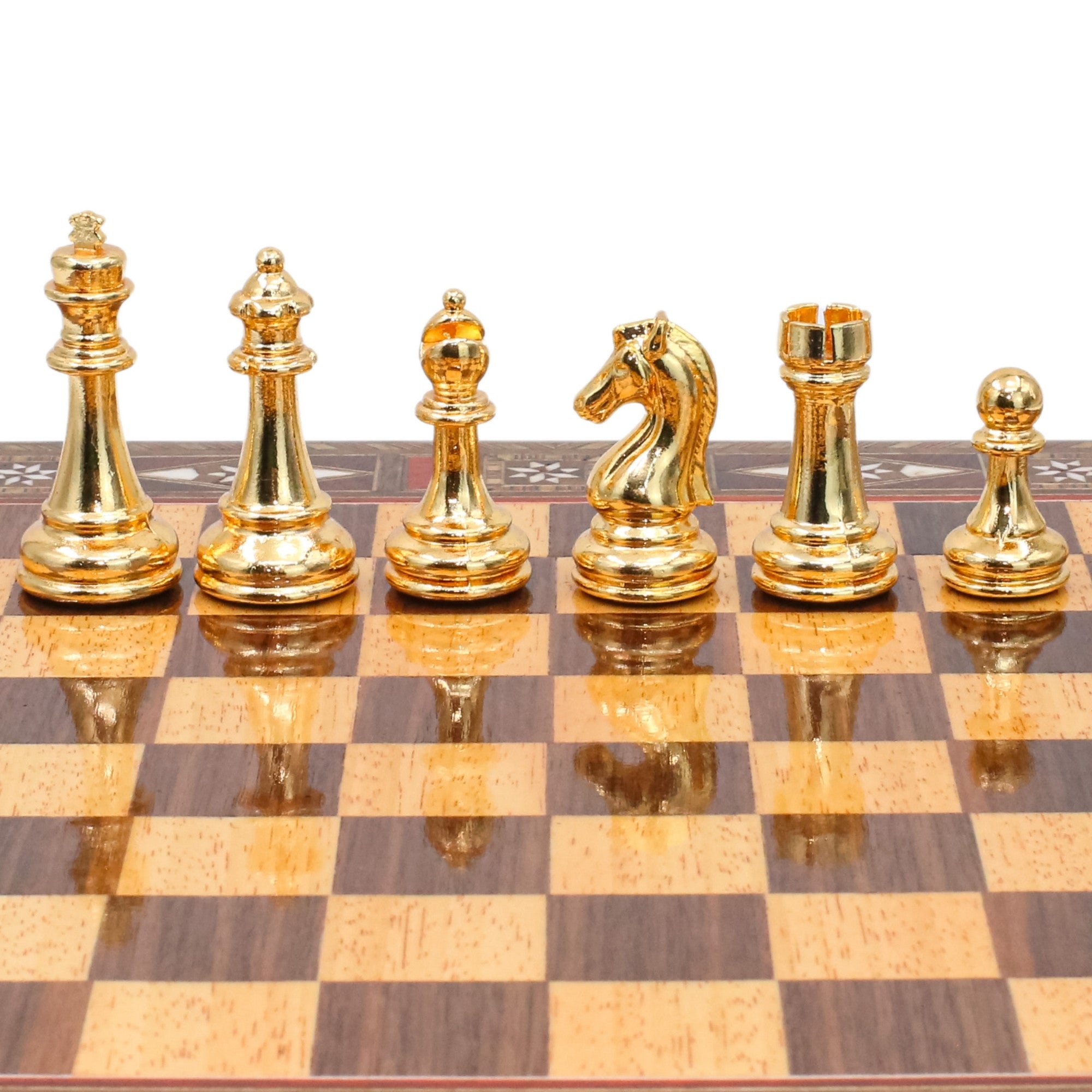 Gold Colour Metal Chess Set With Solid Wood Storage Board - Die Cast Metal Chessmen | Staunton Chess Pieces, Personalised Chess Gift