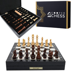 Wooden Storage Chess Set, Checkers, Draughts | 3in1 Game Set | 14 INCH (36CM) | Black Marble Patterned Chess Board, Wooden Chess Pieces & Checkers