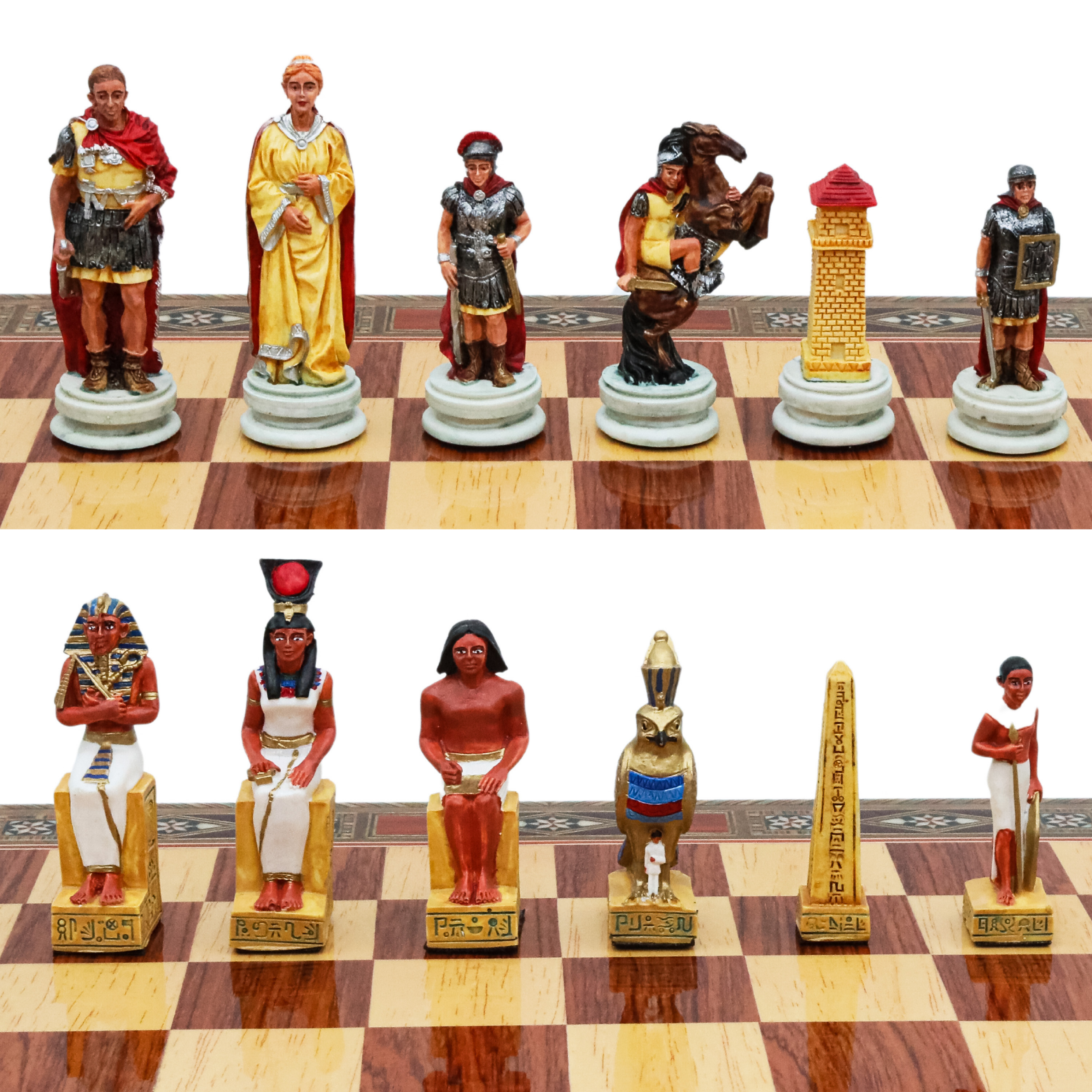 Handmade Inlay Chess Set with Drawer Storage 38 CM (15") - Roman vs Egyptian Pieces