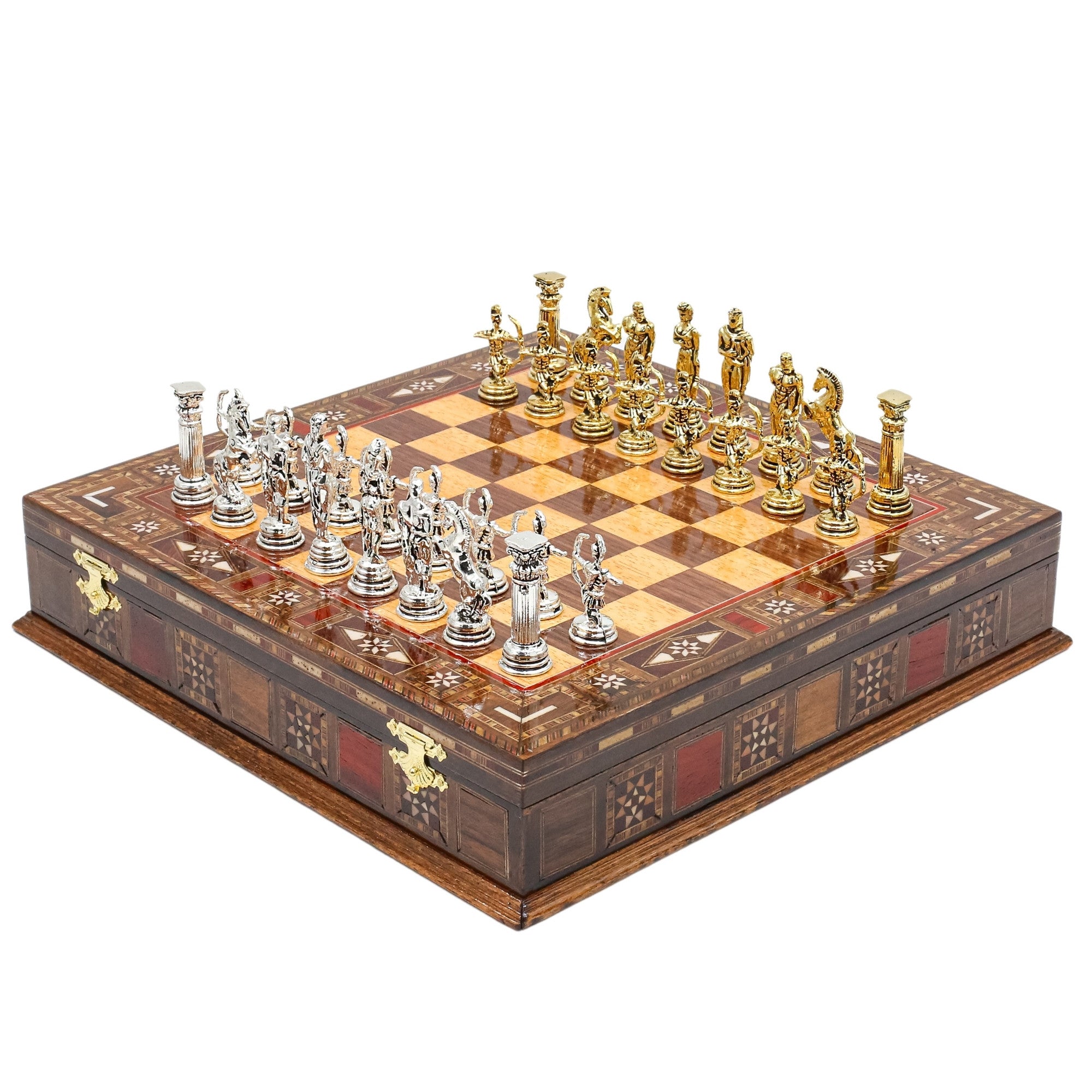 Handmade Inlay Storage Chess Set 30 CM (12") - Greek Archer Die Cast Metal Pieces