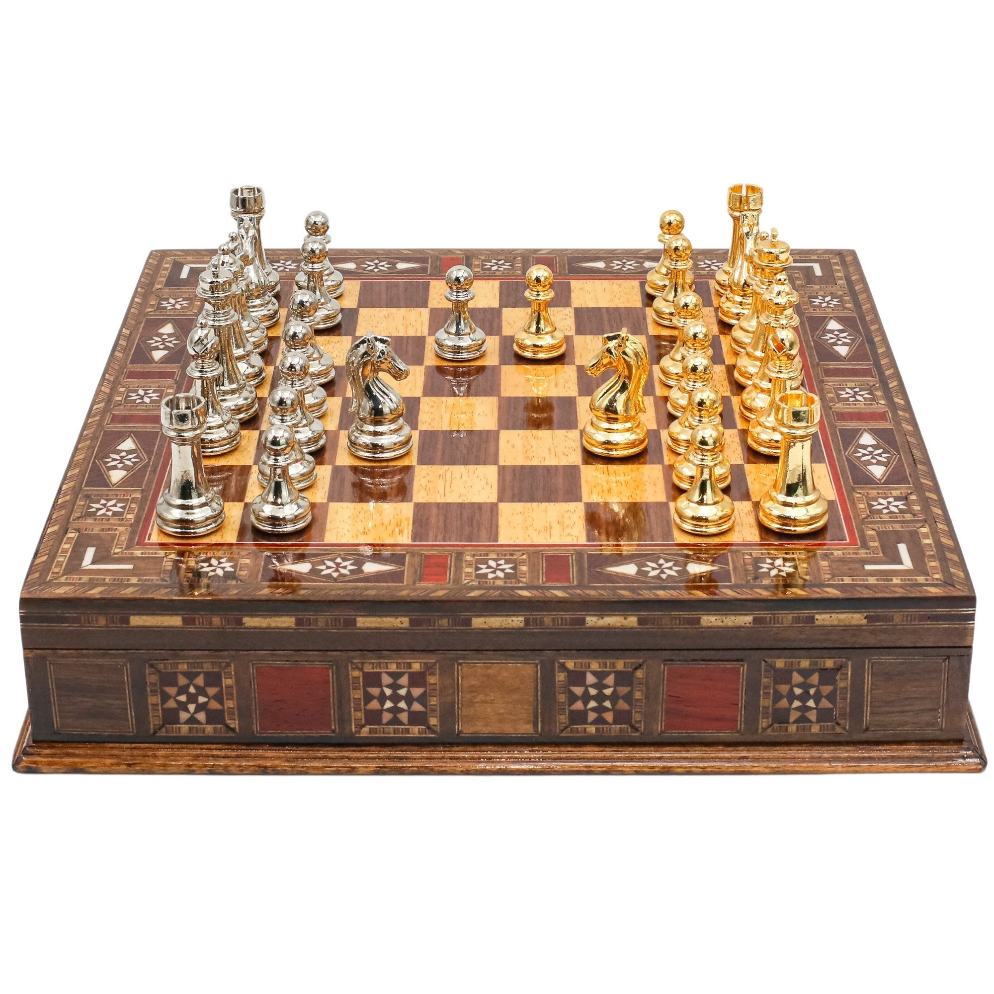 Gold Colour Metal Chess Set With Solid Wood Storage Board - Die Cast Metal Chessmen | Staunton Chess Pieces, Personalised Chess Gift