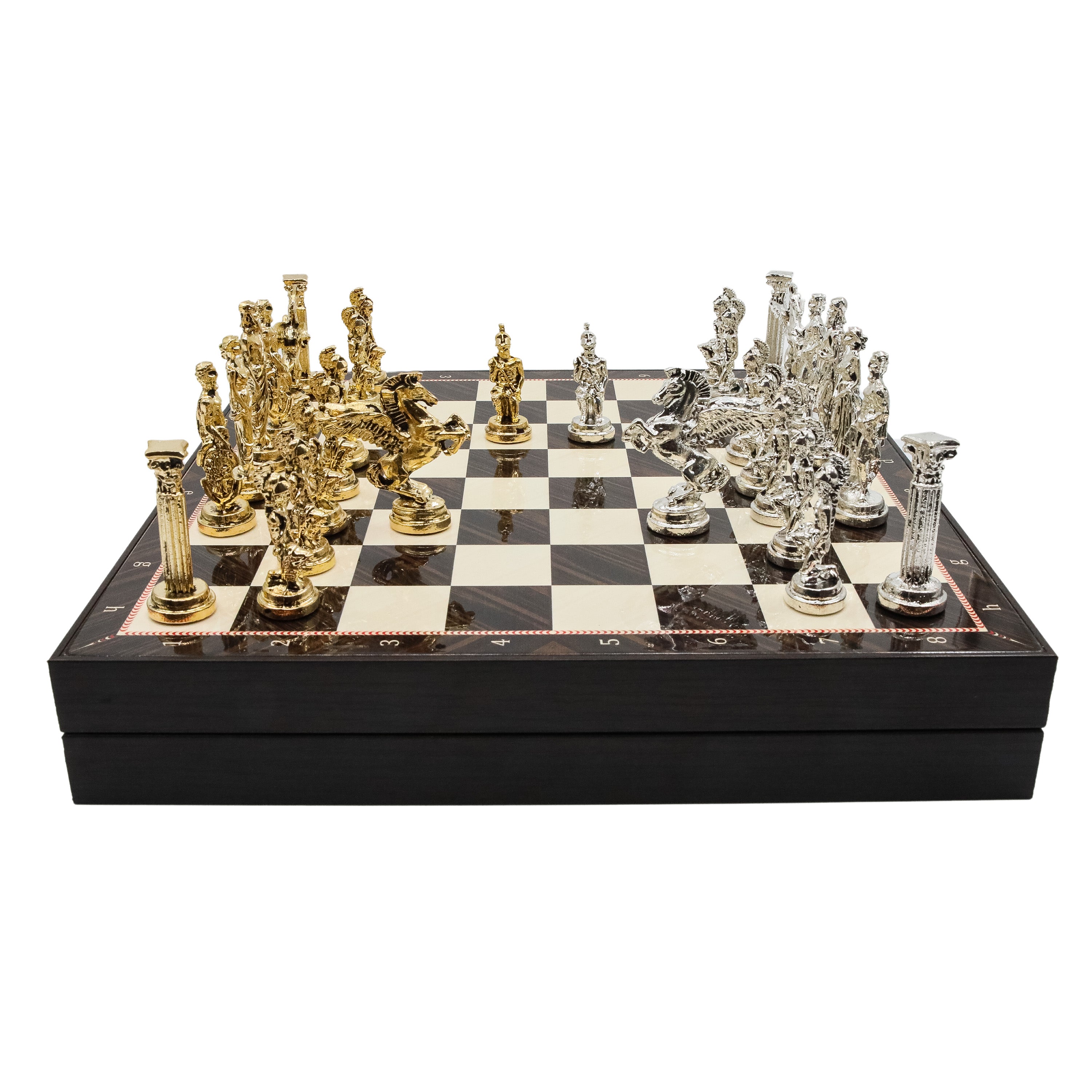 Storage Chess Set with Die Cast Metal Mythology Pegasus Chessmen | 37 CM (15") Storage Chess Board | Greek Pegasus Themed Figures