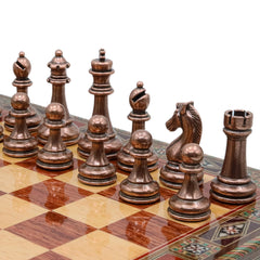 Bronze Colour Metal Chess Set With Solid Wood Storage Board w/ In-Built Drawer - Die Cast Metal Chessmen | Staunton Chess Pieces, Personalised Chess Gift