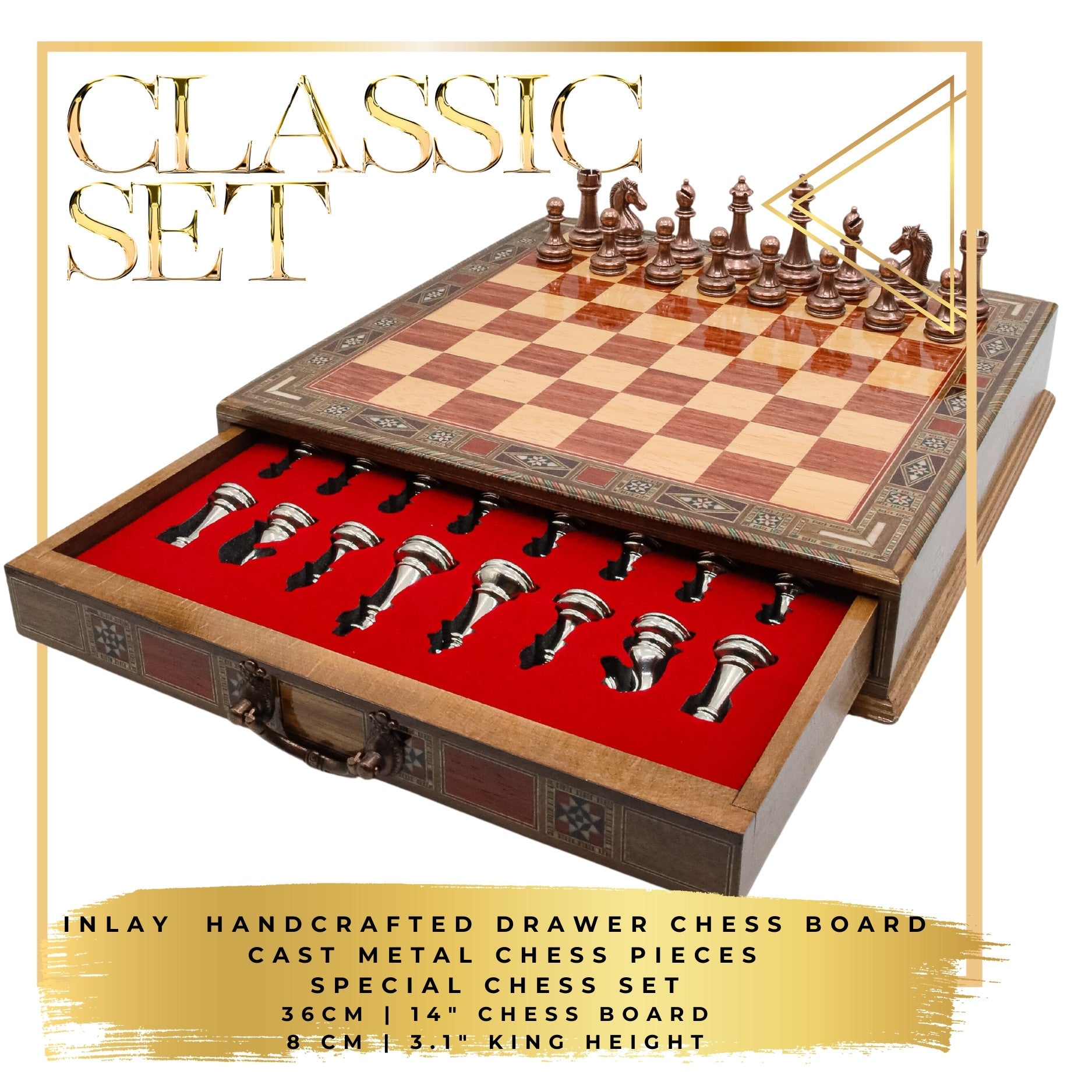 Bronze Colour Metal Chess Set With Solid Wood Storage Board w/ In-Built Drawer - Die Cast Metal Chessmen | Staunton Chess Pieces, Personalised Chess Gift