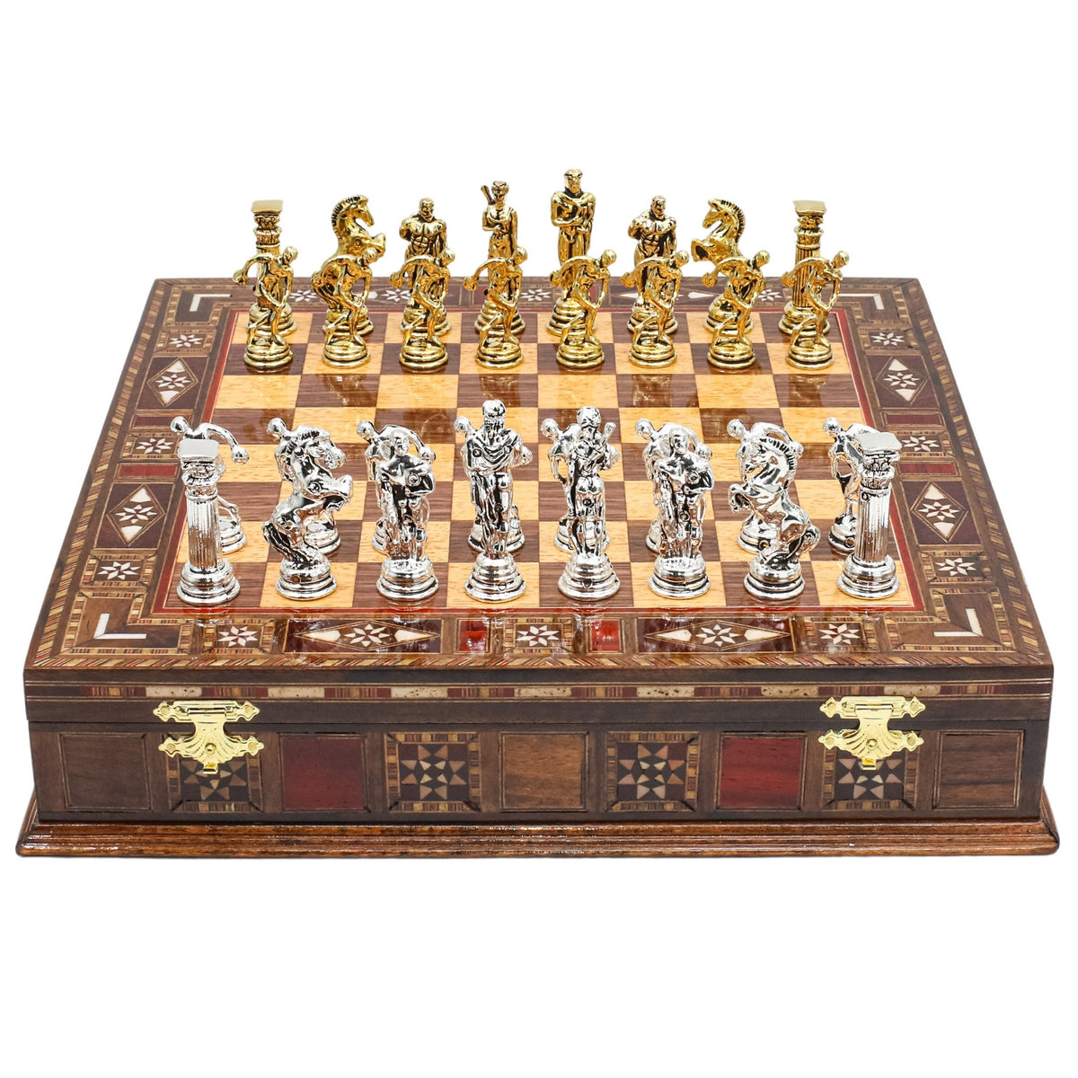 Handmade Inlay Storage Chess Set 30 CM (12") - Mythology Discus Die Cast Metal Pieces