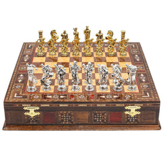 Handmade Inlay Storage Chess Set 30 CM (12") - Mythology Discus Die Cast Metal Pieces