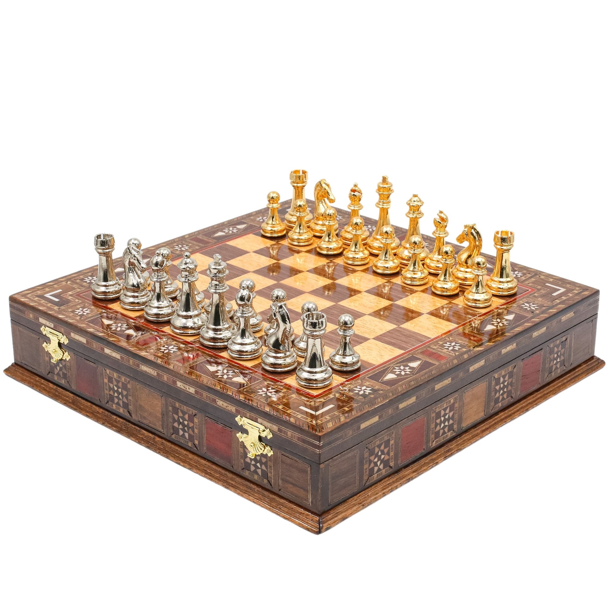 Gold Colour Metal Chess Set With Solid Wood Storage Board - Die Cast Metal Chessmen | Staunton Chess Pieces, Personalised Chess Gift