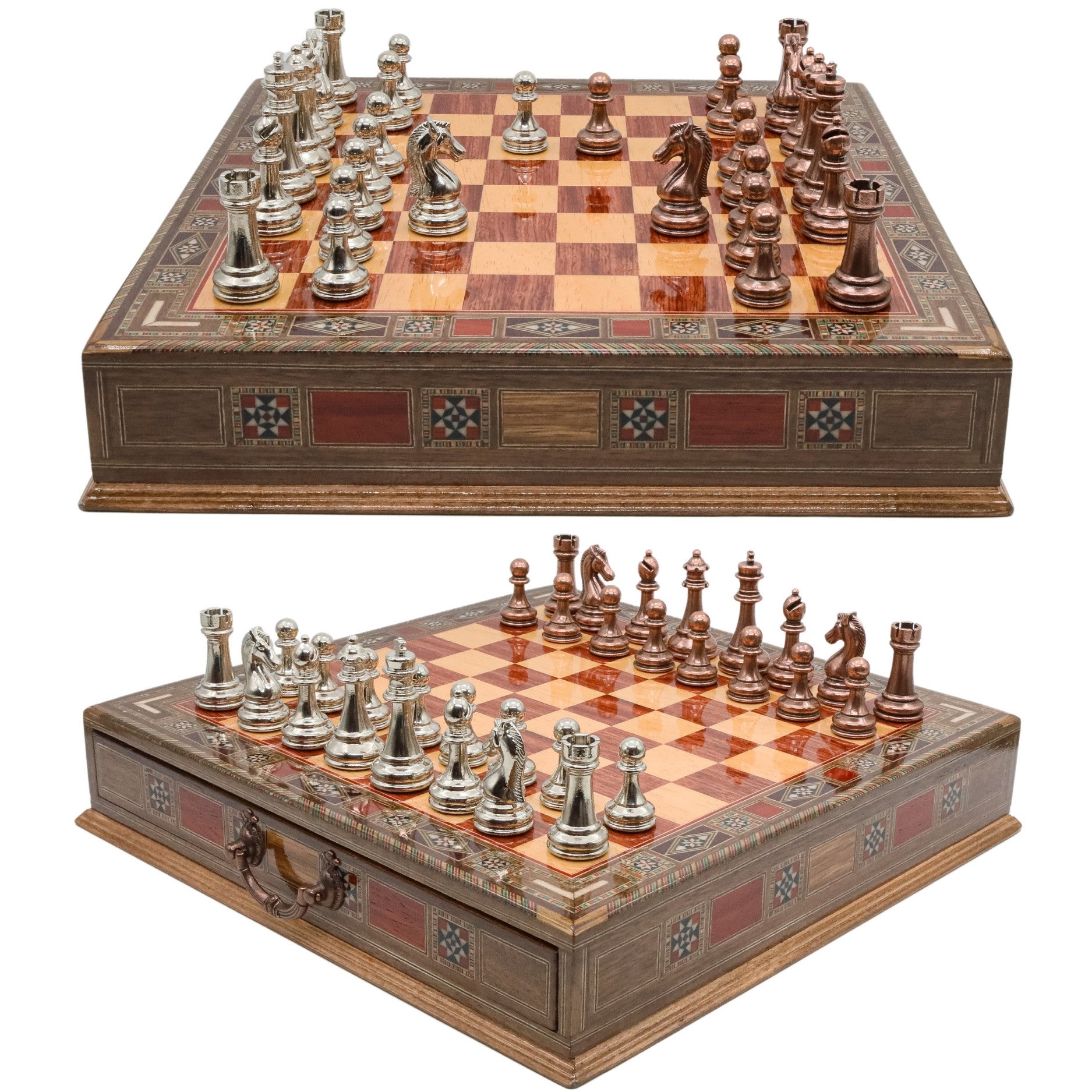 Bronze Colour Metal Chess Set With Solid Wood Storage Board w/ In-Built Drawer - Die Cast Metal Chessmen | Staunton Chess Pieces, Personalised Chess Gift